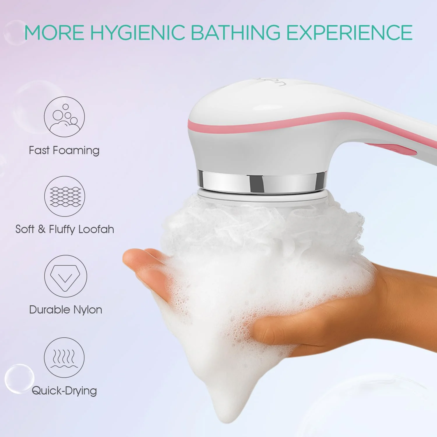 VOYOR Electric Body Brush Back Scrubber for Shower Rechargeable Exfoliating Bath Brush Powered Shower Brush with Non-Slip Long Handle Deep Cleansing, Exfoliation, Massaging Spin Brush BC100 (Pink) - Image 2