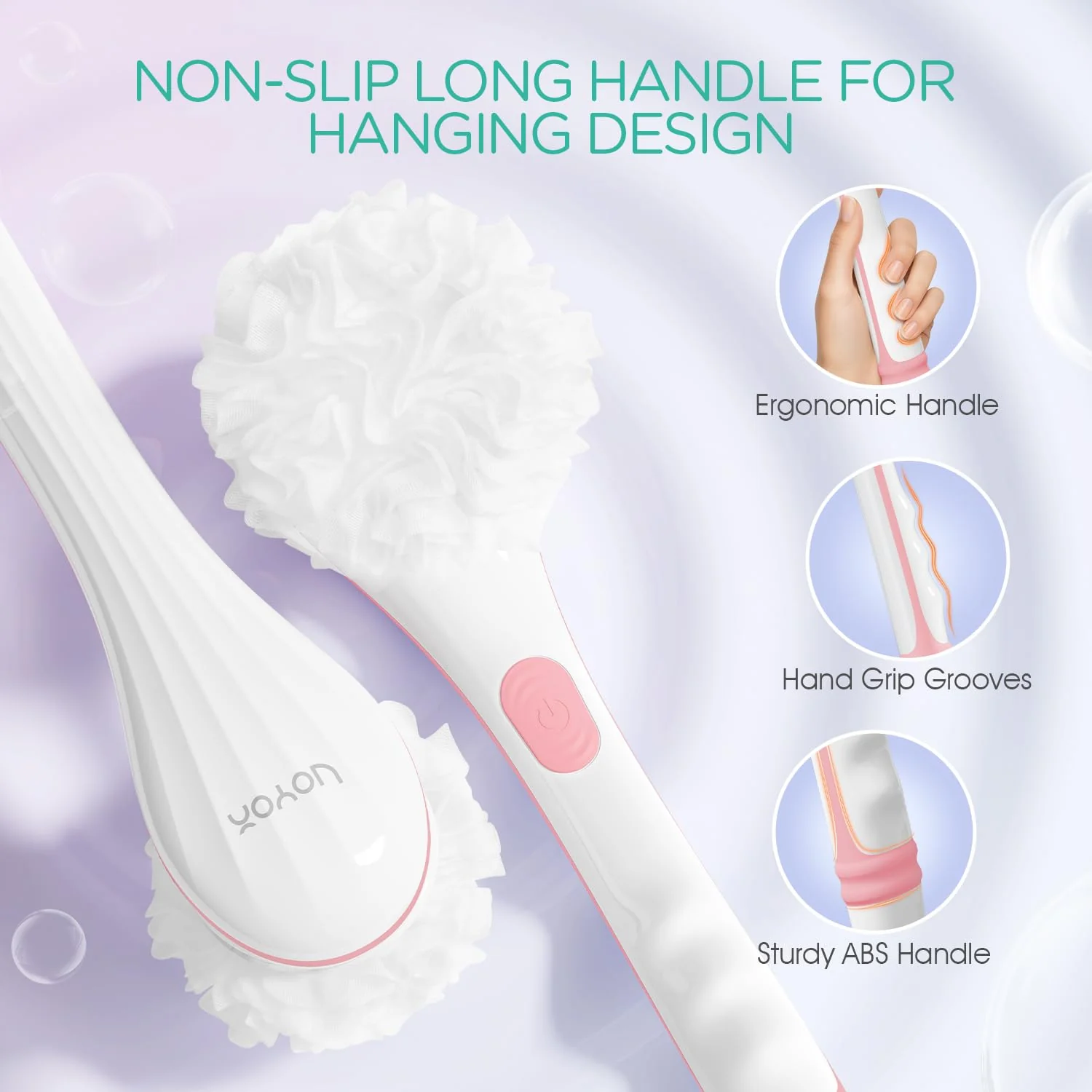 VOYOR Electric Body Brush Back Scrubber for Shower Rechargeable Exfoliating Bath Brush Powered Shower Brush with Non-Slip Long Handle Deep Cleansing, Exfoliation, Massaging Spin Brush BC100 (Pink) - Image 4