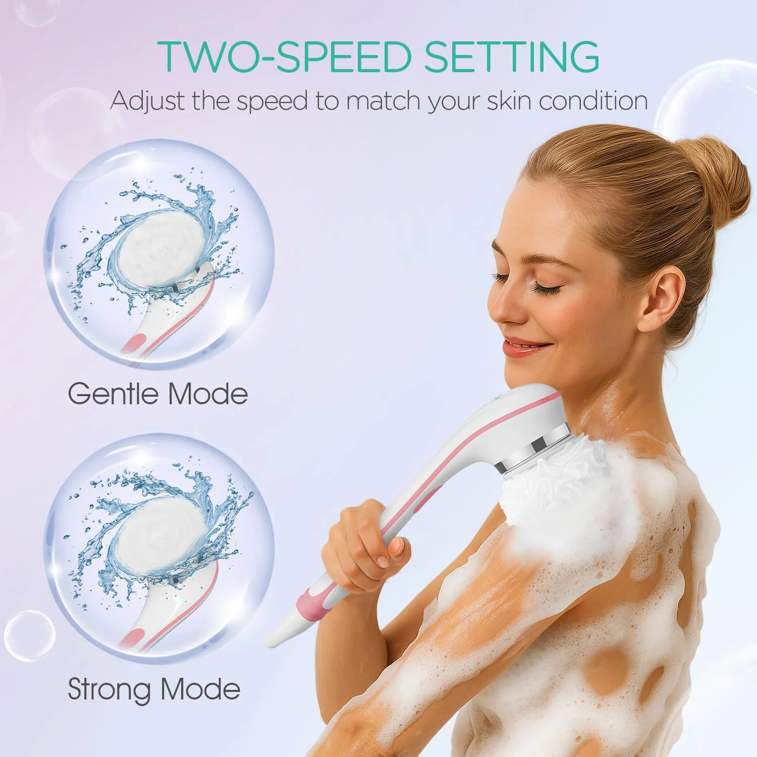 VOYOR Electric Body Brush Back Scrubber for Shower Rechargeable Exfoliating Bath Brush Powered Shower Brush with Non-Slip Long Handle Deep Cleansing, Exfoliation, Massaging Spin Brush BC100 (Pink) - Image 5