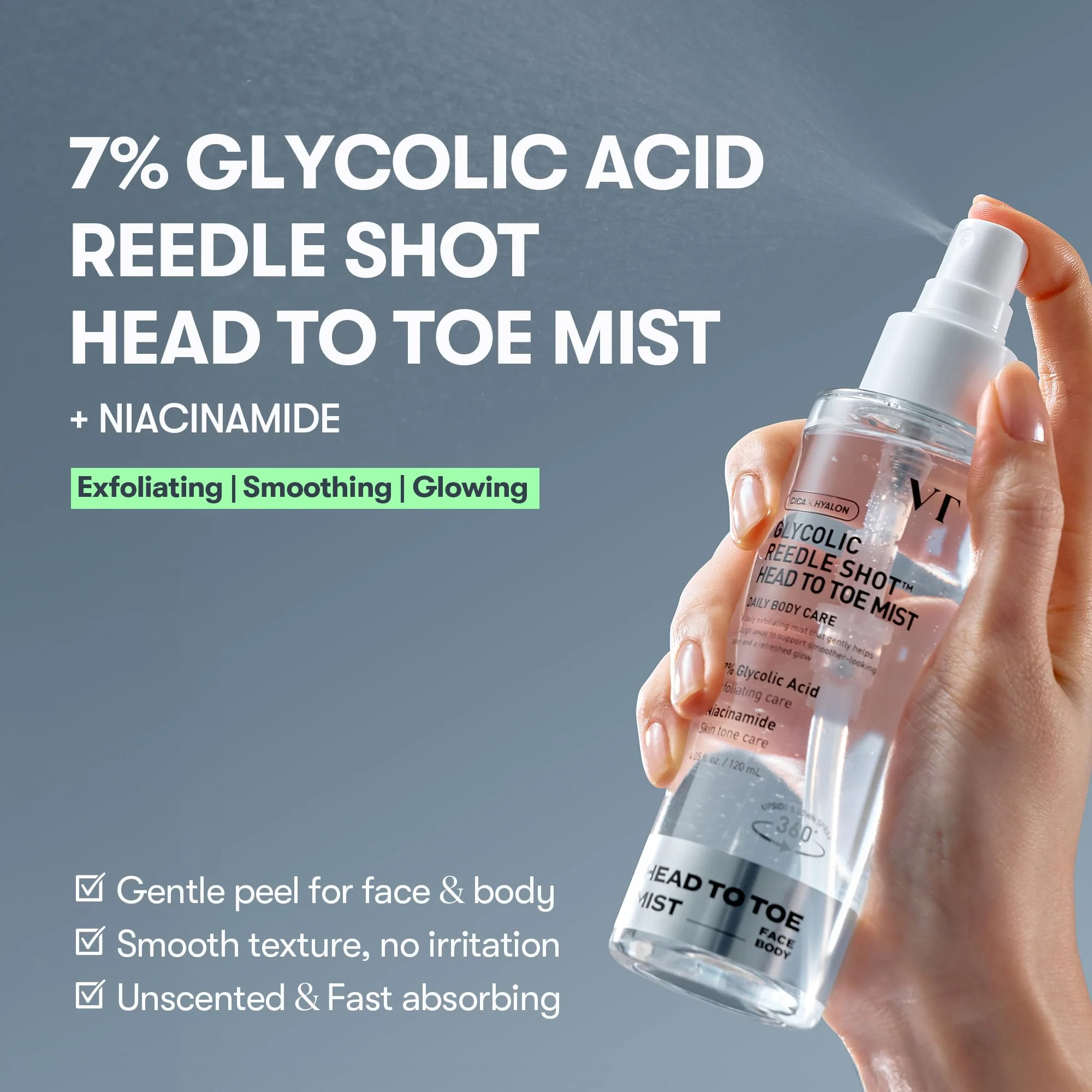 VT COSMETICS 7% Glycolic Acid Reedle Shot Head-to-Toe Mist with Niacinamide, Exfoliating Spray for Bumpy & Strawberry Skin, Dark Spots, Skin Texture, Keratosis Pilaris, Korean Skincare (4.05 fl oz) - Image 7