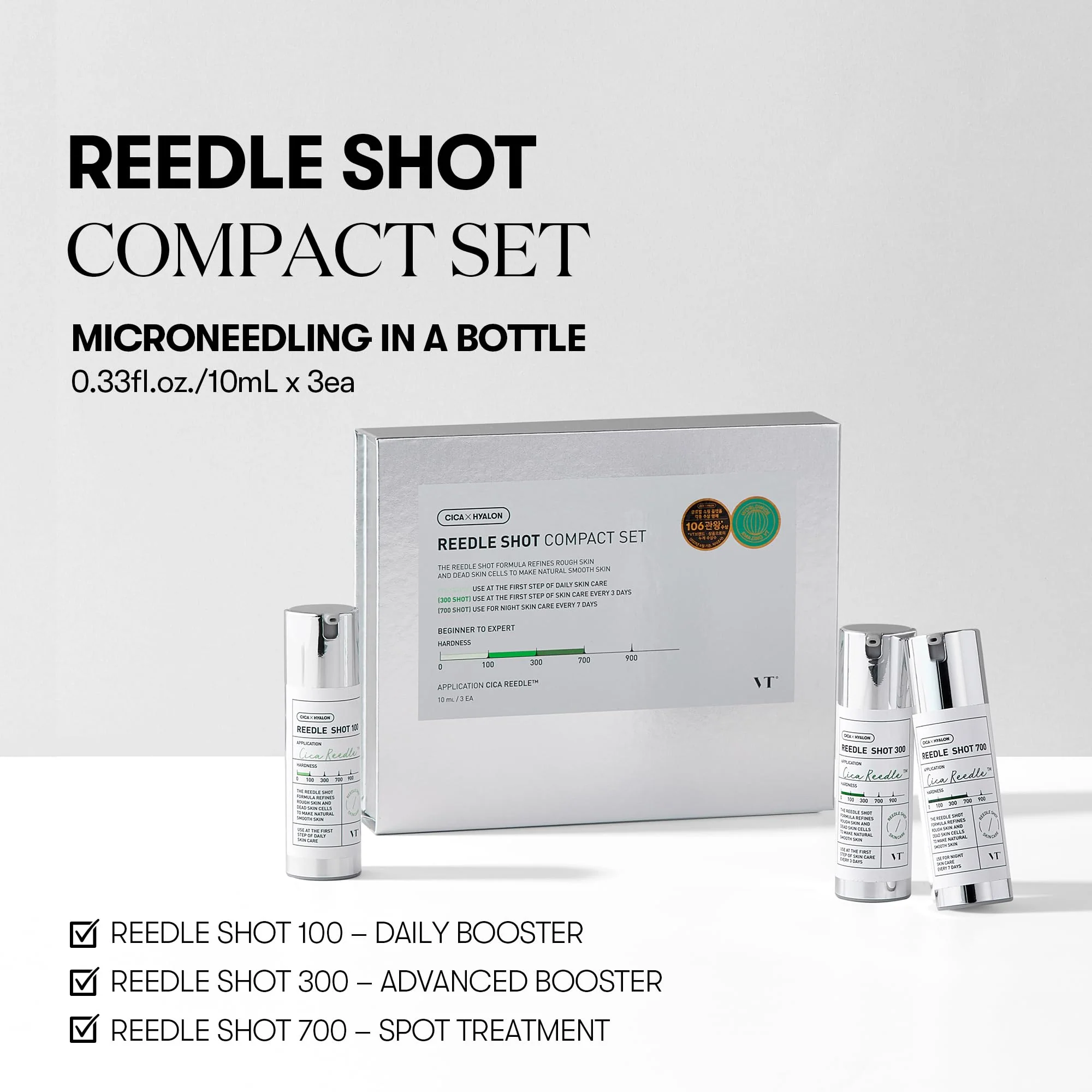 VT COSMETICS Reedle Shot Compact Set, Microneedling Serum Gift Set with Reedle Shot 100, 300, 700, Exfoliating, Anti-Aging, Travel Size Skincare, Gift Set for Glass Skin (0.34 oz / 10ml each) - Image 6