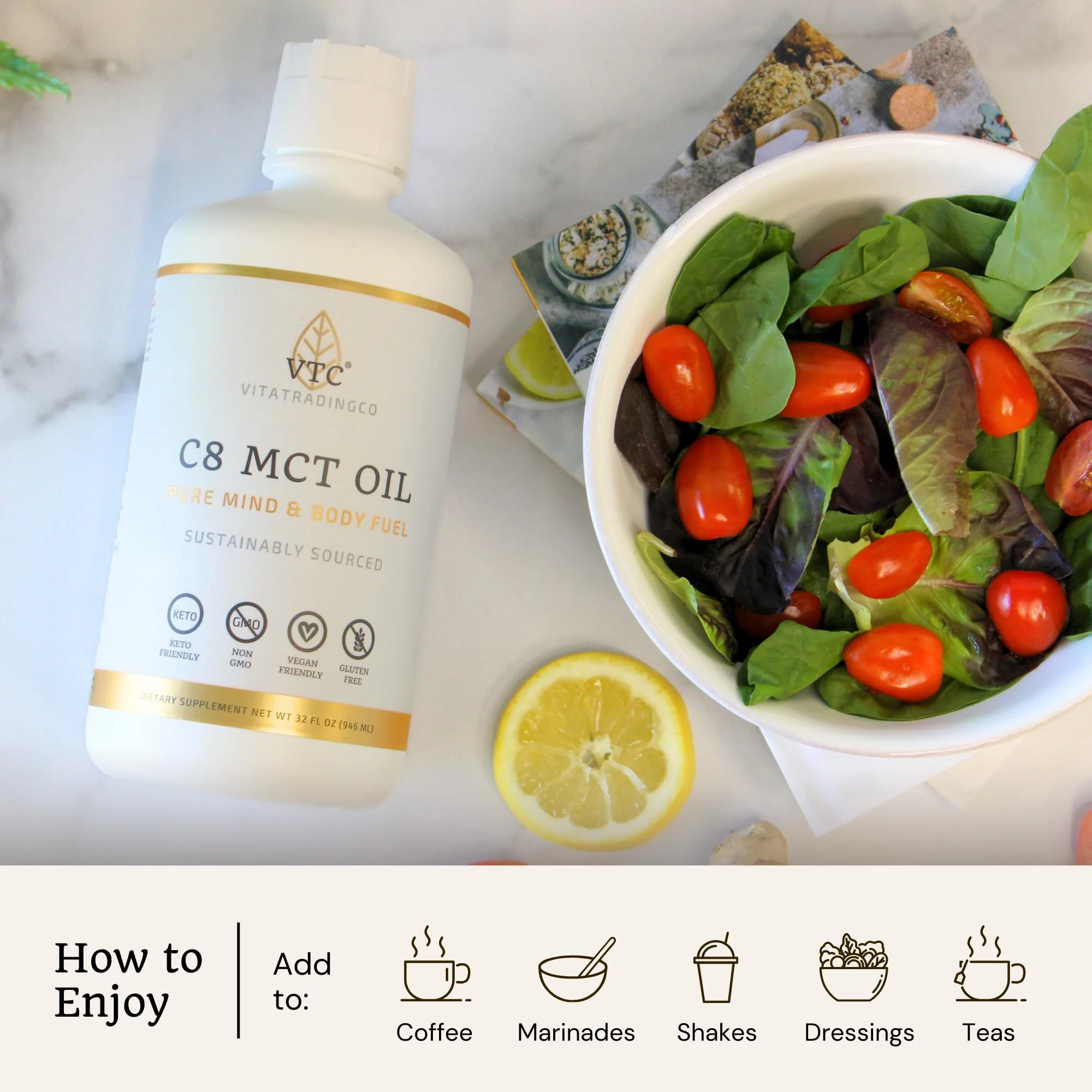 VTC VitaTradingCo. 100% Pure C8 MCT Oil | 3X Distilled Caprylic Acid | Healthy Fat for Clean Energy | Sustainably Sourced | Non-GMO, Paleo, Keto | 32oz, 64 Servings (Unflavored) - Image 5