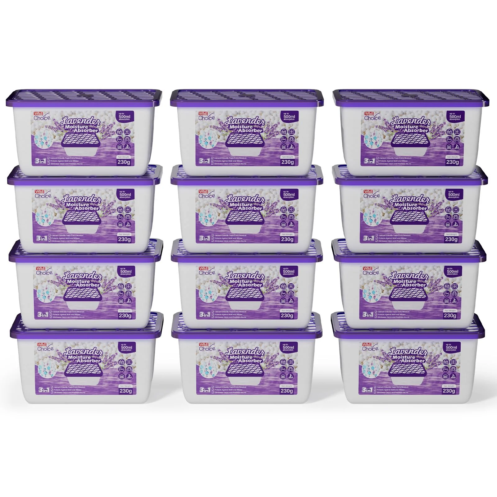 W&E Choice Moisture Absorbers with Lavender Scent, Portable Dehumidifier for Closet & Bathrooms, Kitchen, Humidity Absorber Odor Eliminator Absorber, 12Pack