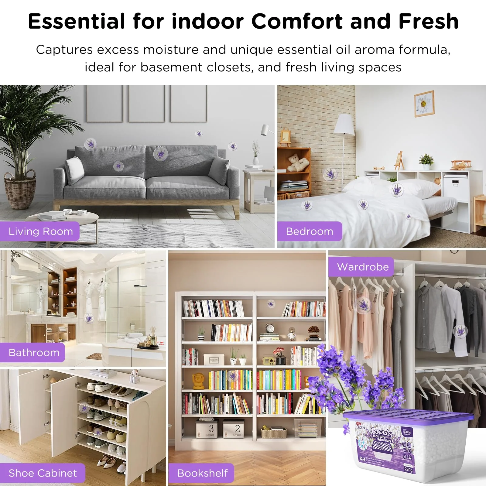 W&E Choice Moisture Absorbers with Lavender Scent, Portable Dehumidifier for Closet & Bathrooms, Kitchen, Humidity Absorber Odor Eliminator Absorber, 12Pack - Image 6