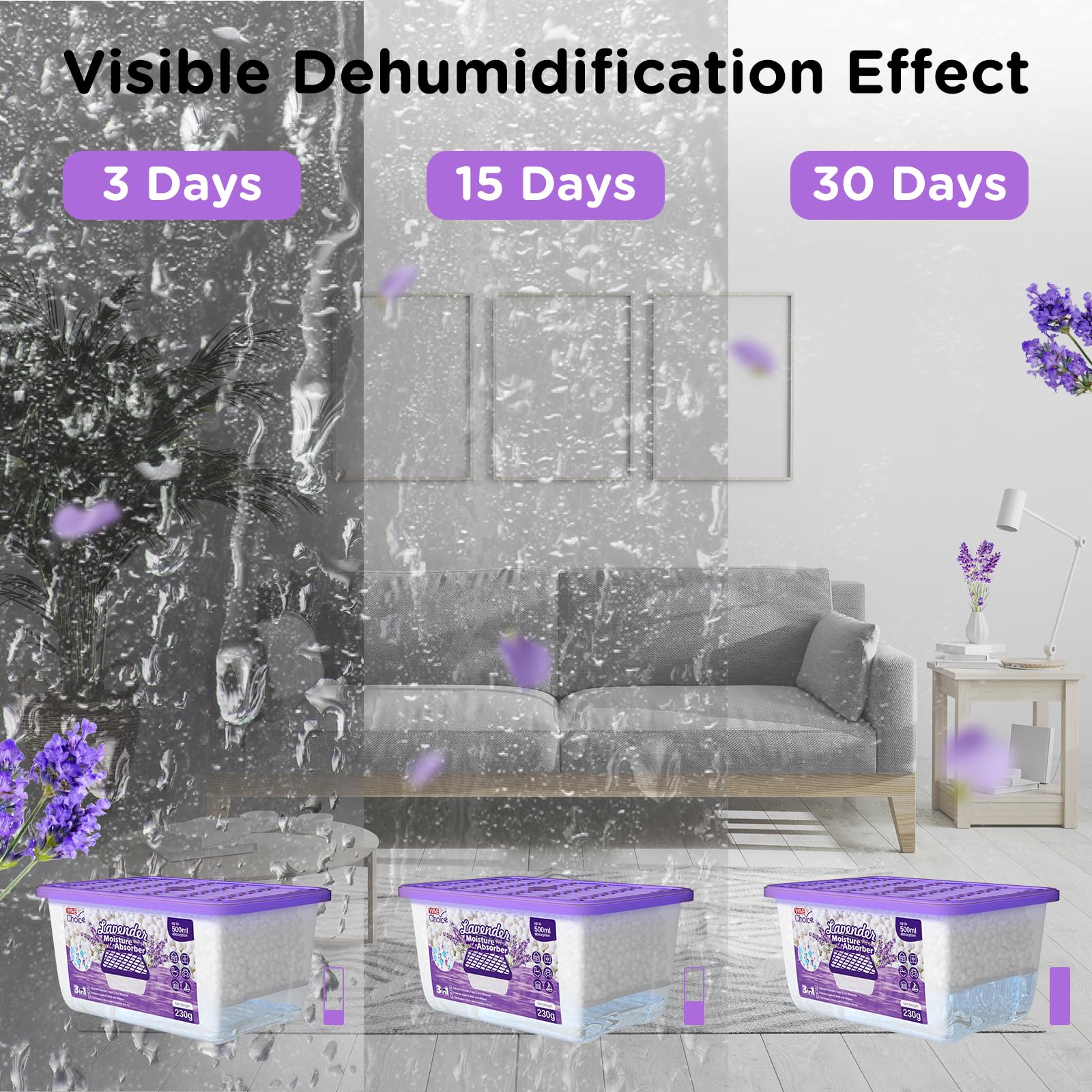 W&E Choice Moisture Absorbers with Lavender Scent, Portable Dehumidifier for Closet & Bathrooms, Kitchen, Humidity Absorber Odor Eliminator Absorber, 12Pack - Image 7