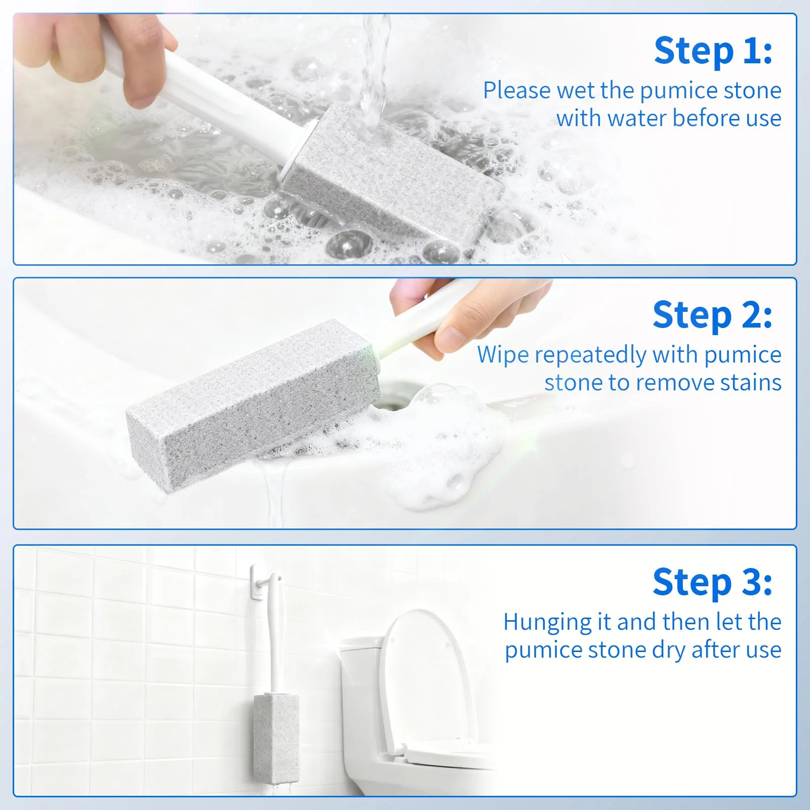 W&E Choice Toilet Pumice Stone 3 Pack, Pumice Stone for Bathtub Cleaning with Extra Long Handle, Toilet Brush for Cleaning Toilets, Bathtubs, Grills, Swimming Pools, Sinks - Image 2