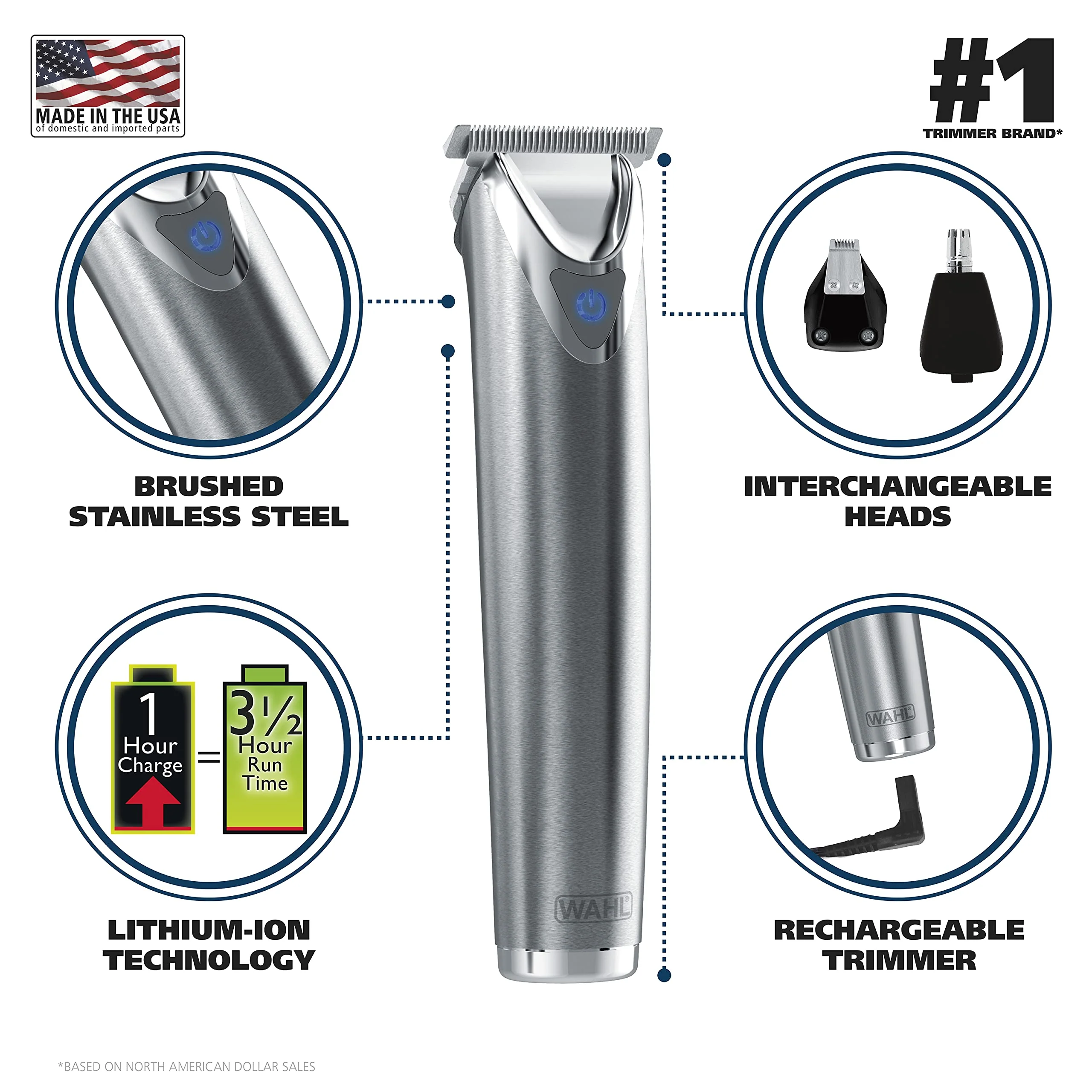 Wahl USA Stainless Steel Lithium-Ion Cordless Beard Trimmer for Men - Rechargeable All in One Men's Beard Trimmer with Rotary Ear & Nose Trimmer, & Detail Trimmer - Model 9818A - Image 10