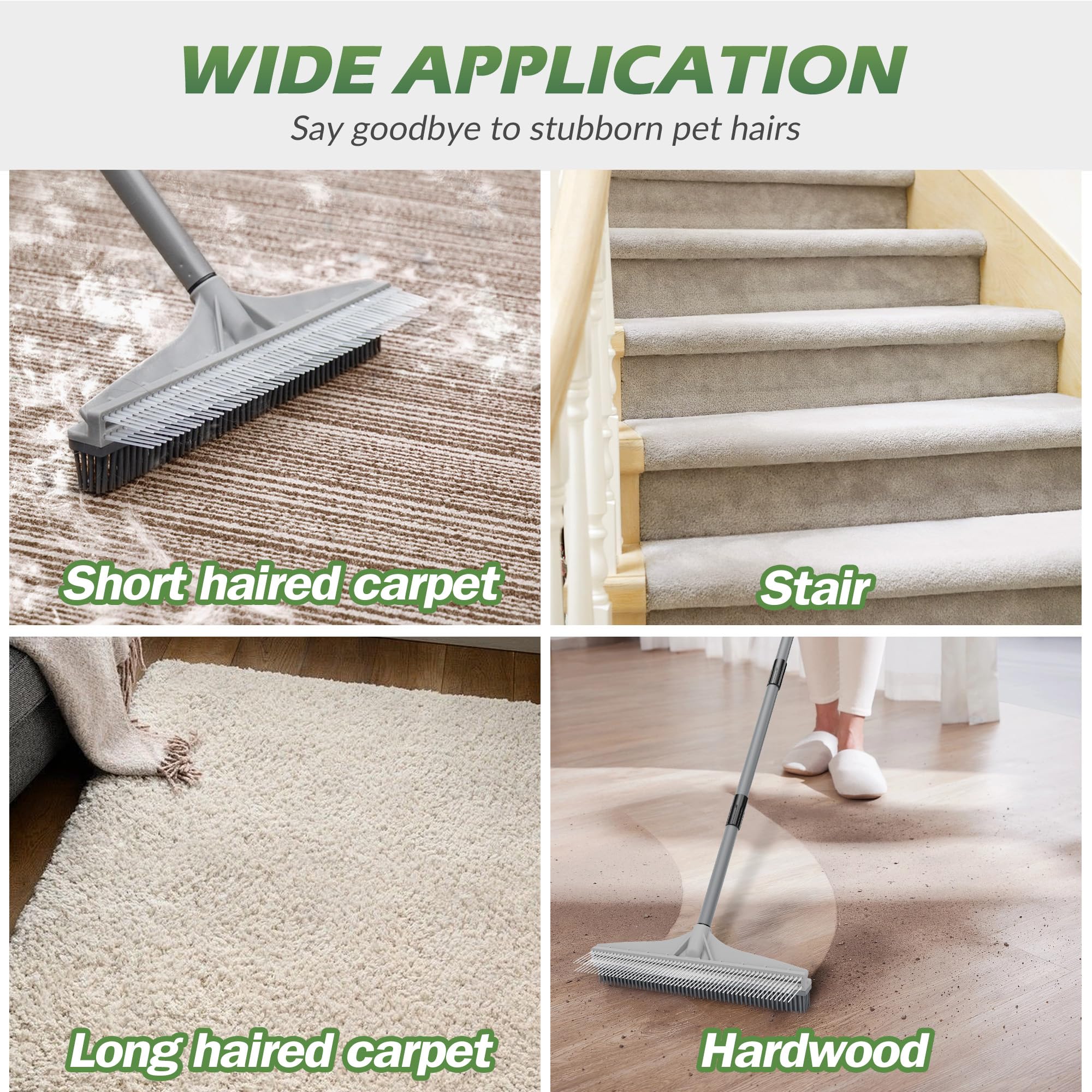 Walensee Carpet Rake for Pet Hair Removal, 2 in 1 Rug Rake to Fluff Carpet with Nylon Groomer Brush, Adjustable Long Handle for Shag Rugs, Stairs, Mats and Floors, Rubber Broom - Image 2