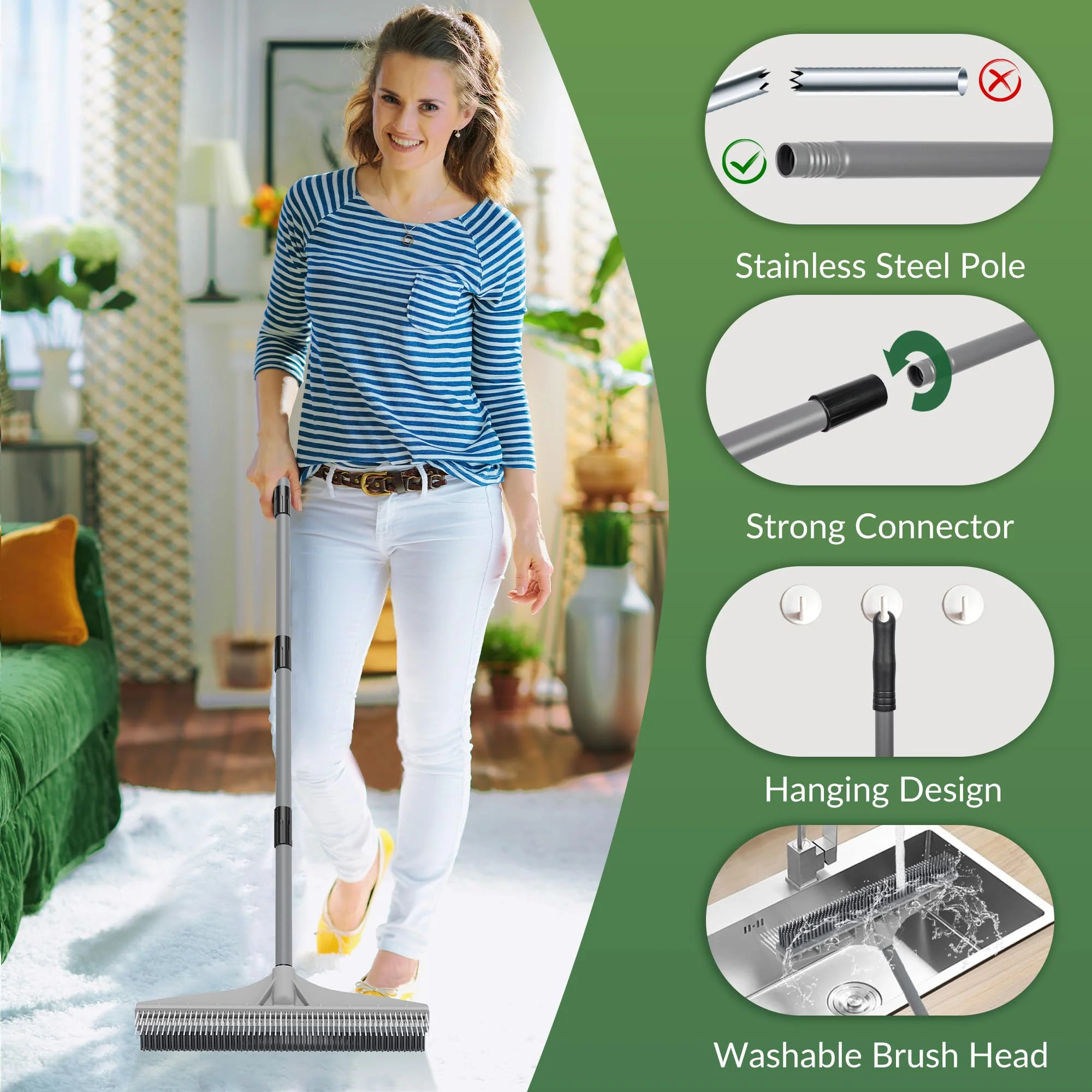 Walensee Carpet Rake for Pet Hair Removal, 2 in 1 Rug Rake to Fluff Carpet with Nylon Groomer Brush, Adjustable Long Handle for Shag Rugs, Stairs, Mats and Floors, Rubber Broom - Image 5