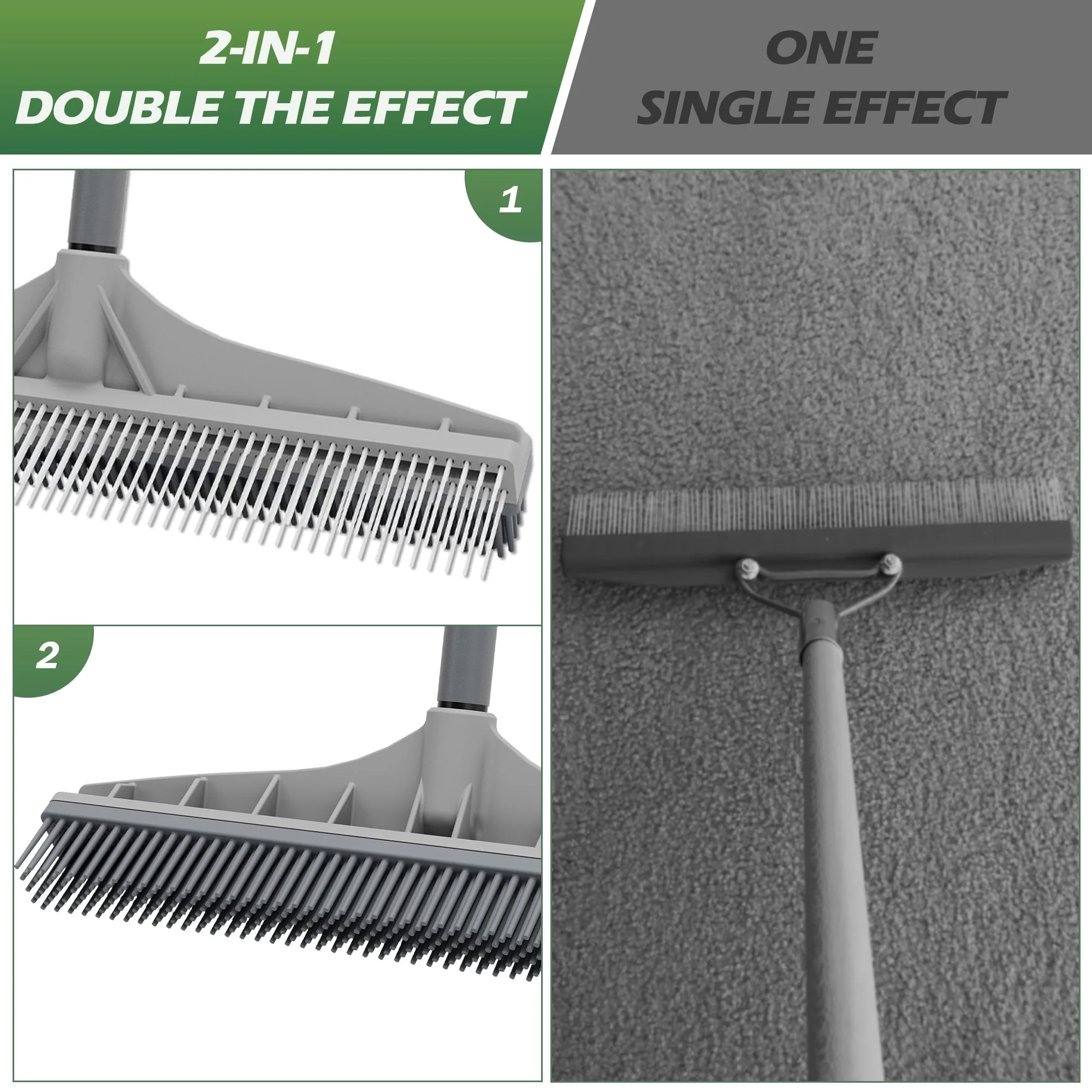 Walensee Carpet Rake for Pet Hair Removal, 2 in 1 Rug Rake to Fluff Carpet with Nylon Groomer Brush, Adjustable Long Handle for Shag Rugs, Stairs, Mats and Floors, Rubber Broom - Image 6