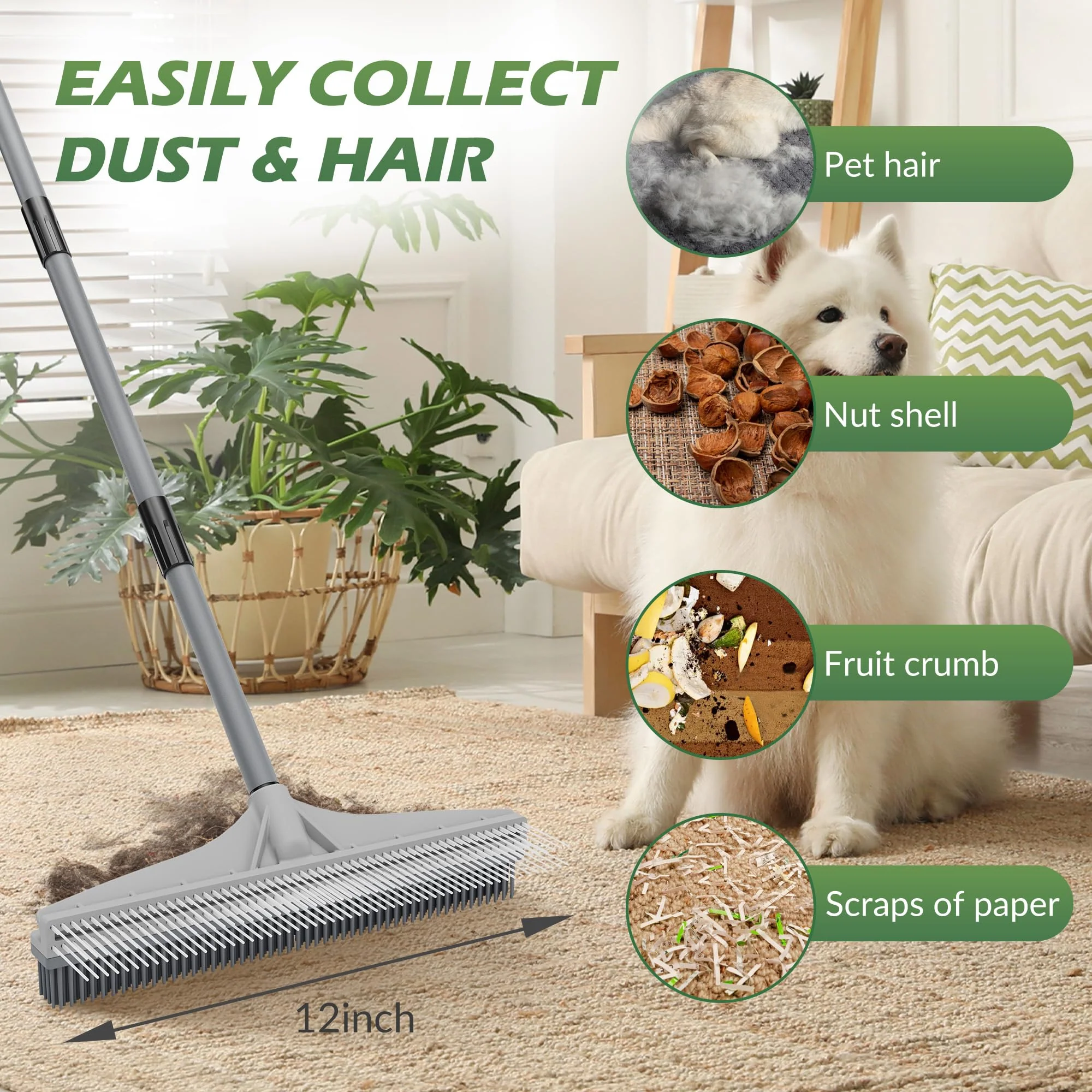 Walensee Carpet Rake for Pet Hair Removal, 2 in 1 Rug Rake to Fluff Carpet with Nylon Groomer Brush, Adjustable Long Handle for Shag Rugs, Stairs, Mats and Floors, Rubber Broom - Image 7