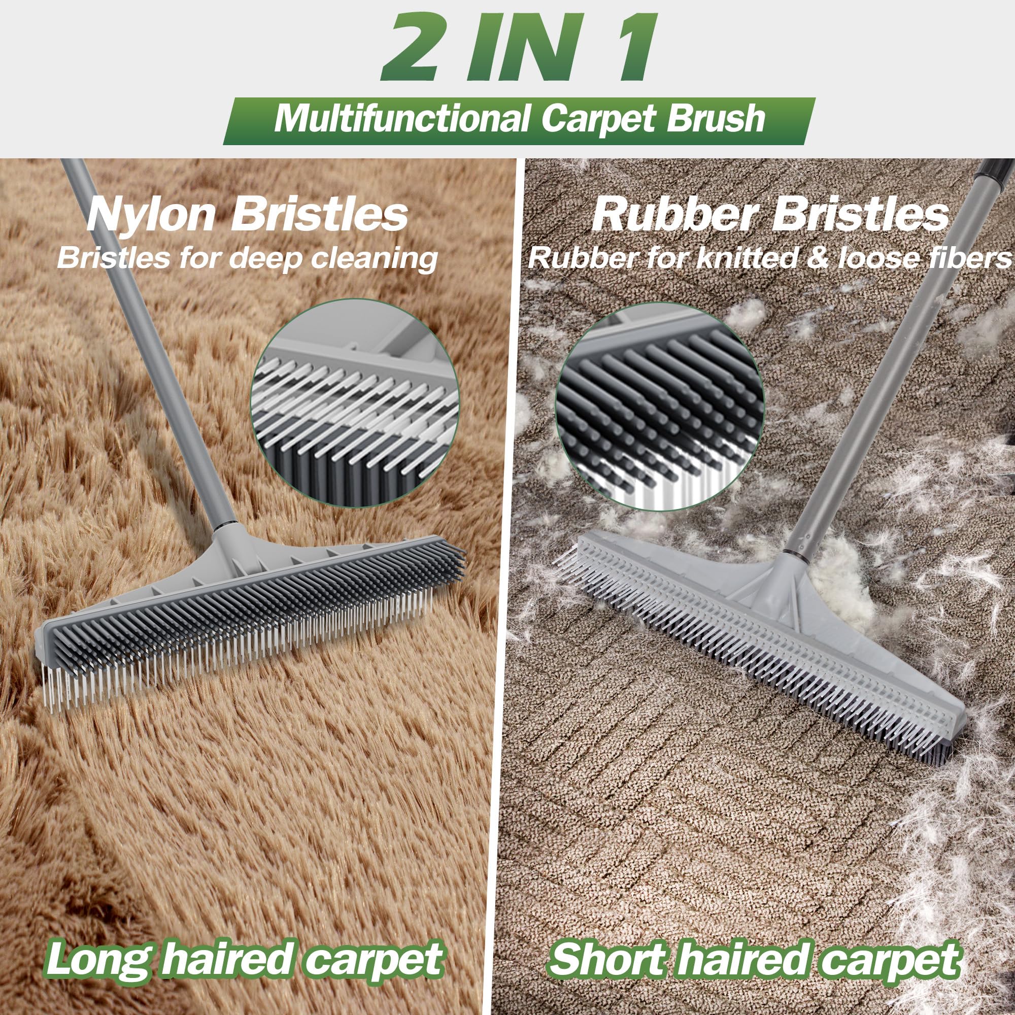 Walensee Carpet Rake for Pet Hair Removal, 2 in 1 Rug Rake to Fluff Carpet with Nylon Groomer Brush, Adjustable Long Handle for Shag Rugs, Stairs, Mats and Floors, Rubber Broom - Image 8