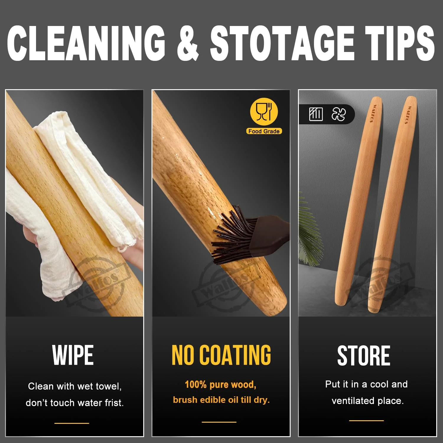 WALFOS French Rolling Pin and Silicone Baking Mat Set, Non-Stick Beech Wood Rolling Pin 15.7 Inch and Pastry Mat for Best Pie Crust, Cookie, Pasta and Pizza Dough - Image 2