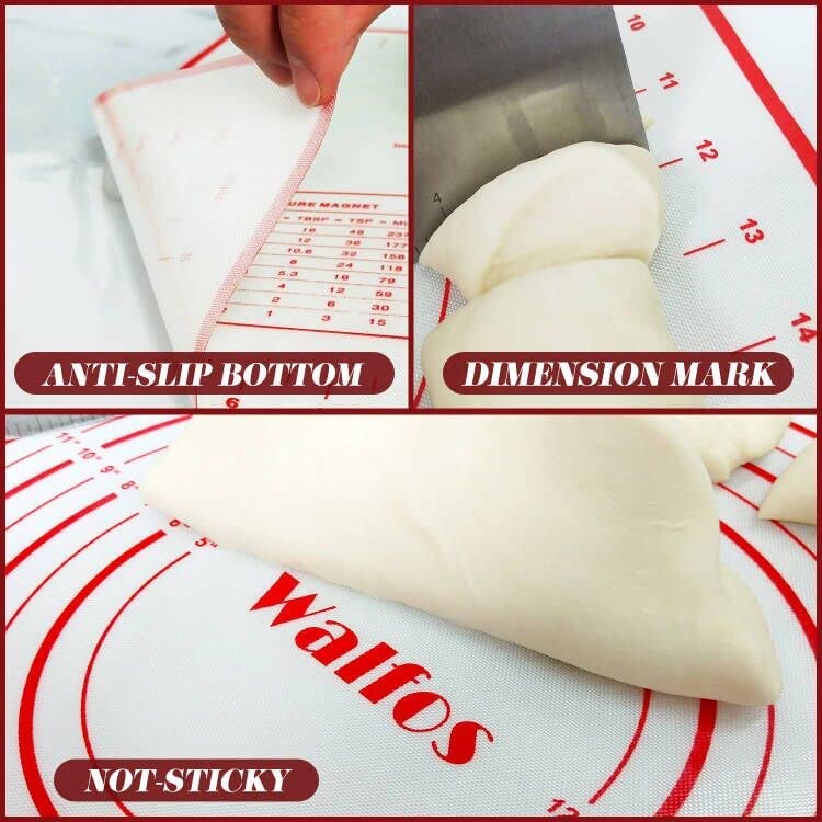 WALFOS French Rolling Pin and Silicone Baking Mat Set, Non-Stick Beech Wood Rolling Pin 15.7 Inch and Pastry Mat for Best Pie Crust, Cookie, Pasta and Pizza Dough - Image 3