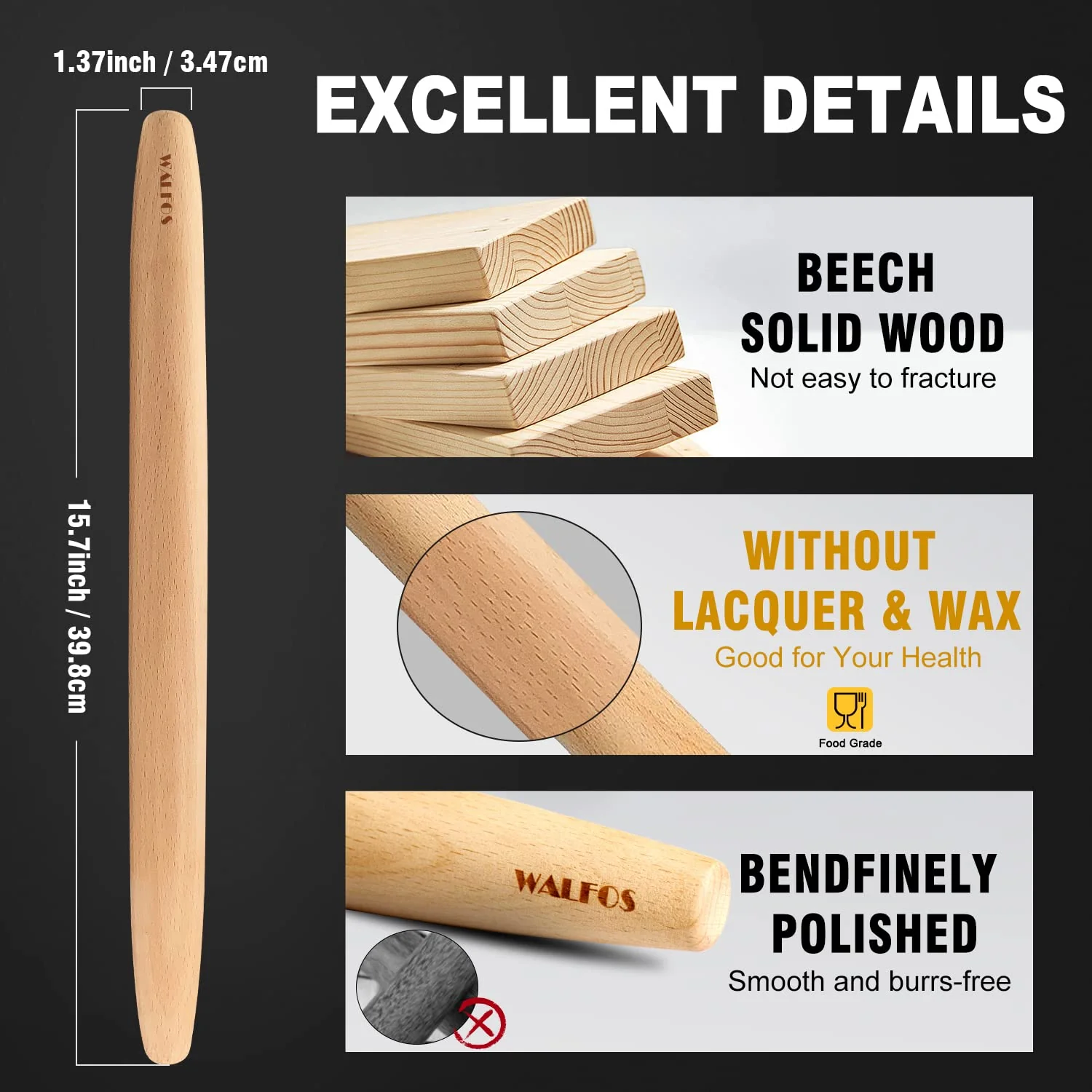 WALFOS French Rolling Pin and Silicone Baking Mat Set, Non-Stick Beech Wood Rolling Pin 15.7 Inch and Pastry Mat for Best Pie Crust, Cookie, Pasta and Pizza Dough - Image 6