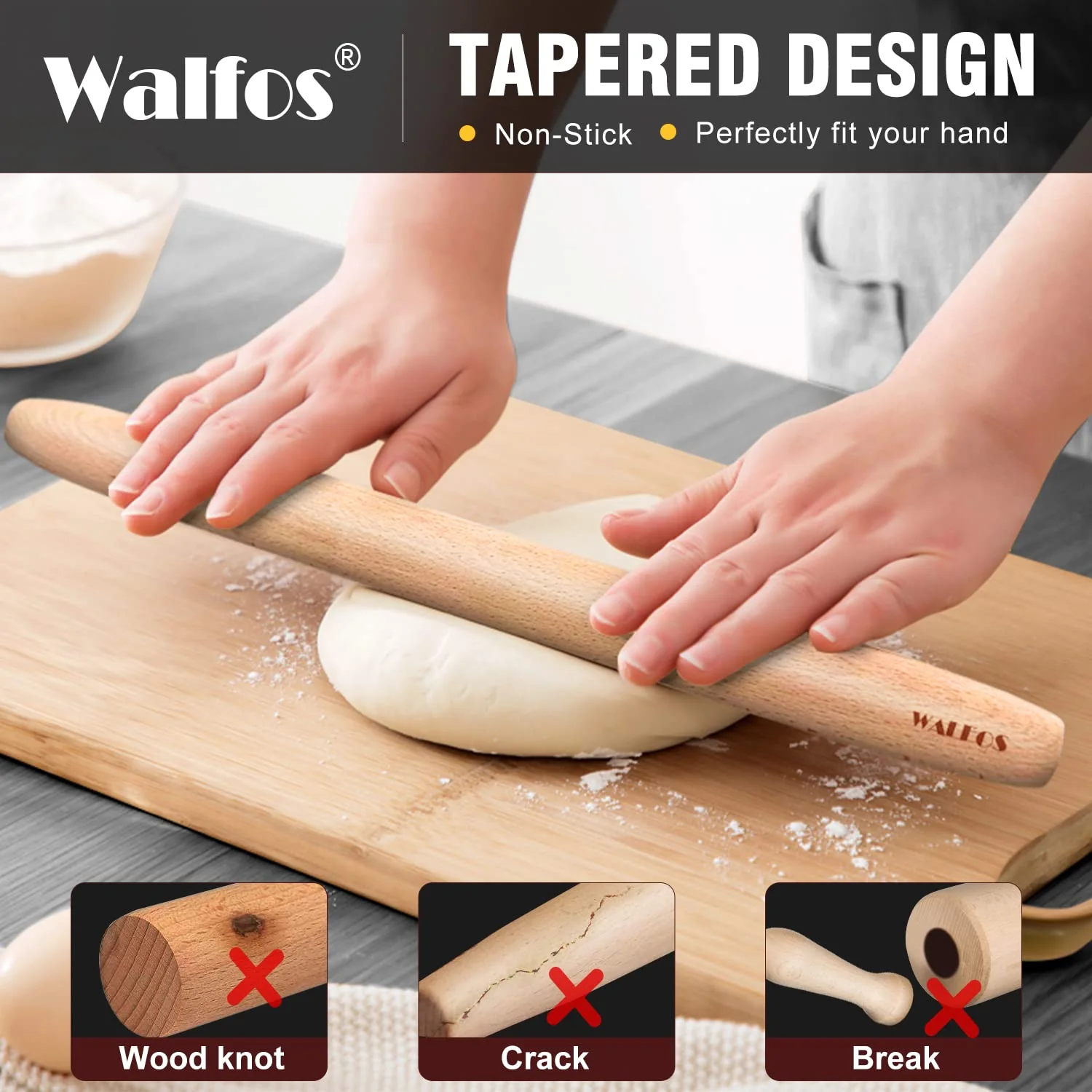 WALFOS French Rolling Pin and Silicone Baking Mat Set, Non-Stick Beech Wood Rolling Pin 17 Inch and Pastry Mat for Best Pie Crust, Cookie, Pasta and Pizza Dough - Image 7