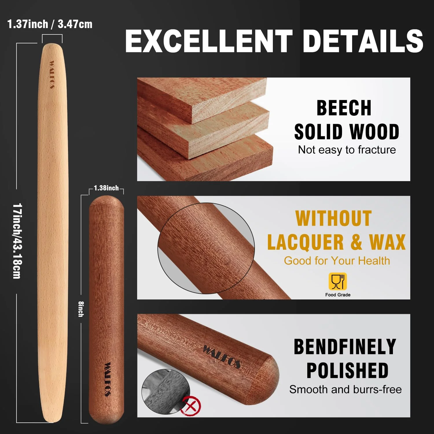 Walfos French Rolling Pin Set - Natural Wooden Rolling Pins (8inch, 15.7inch), Baking Dough Roller for Pizza, Pie, Pasta, Bread, Pastry, No Coating - Image 7