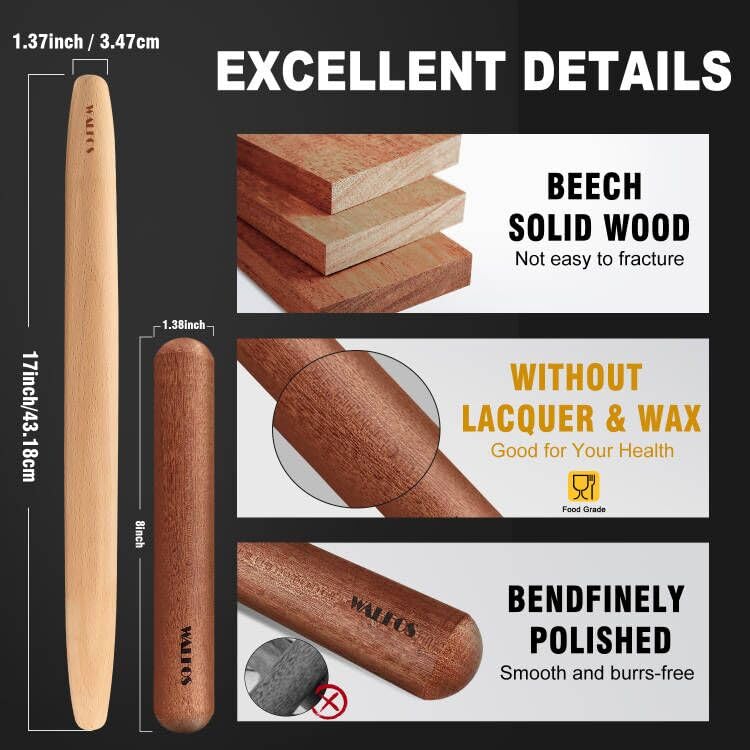 Walfos French Rolling Pin Set - Natural Wooden Rolling Pins (8inch, 15.7inch) With Non-stick Silicone Fiber Pastry Mat, Baking Dough Roller for Pizza, Pie, Pasta, Bread, Pastry - Image 7