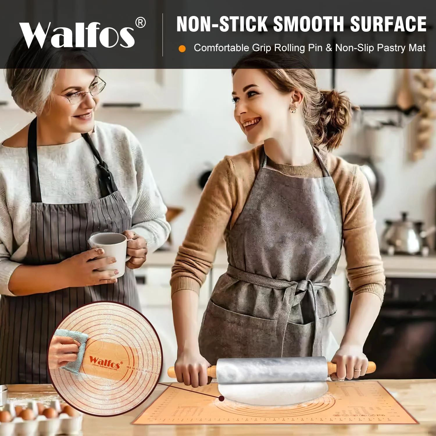 Walfos Marble Rolling Pin Set With Non Stick Silicone Pastry Mat, 16.5 Inch Dough Rolling Pins For Making Pizza, Tortillas And Cookies, Backing Rolling Pin For Pie Crust, Pizza, Pasta (Gray & White) - Image 5