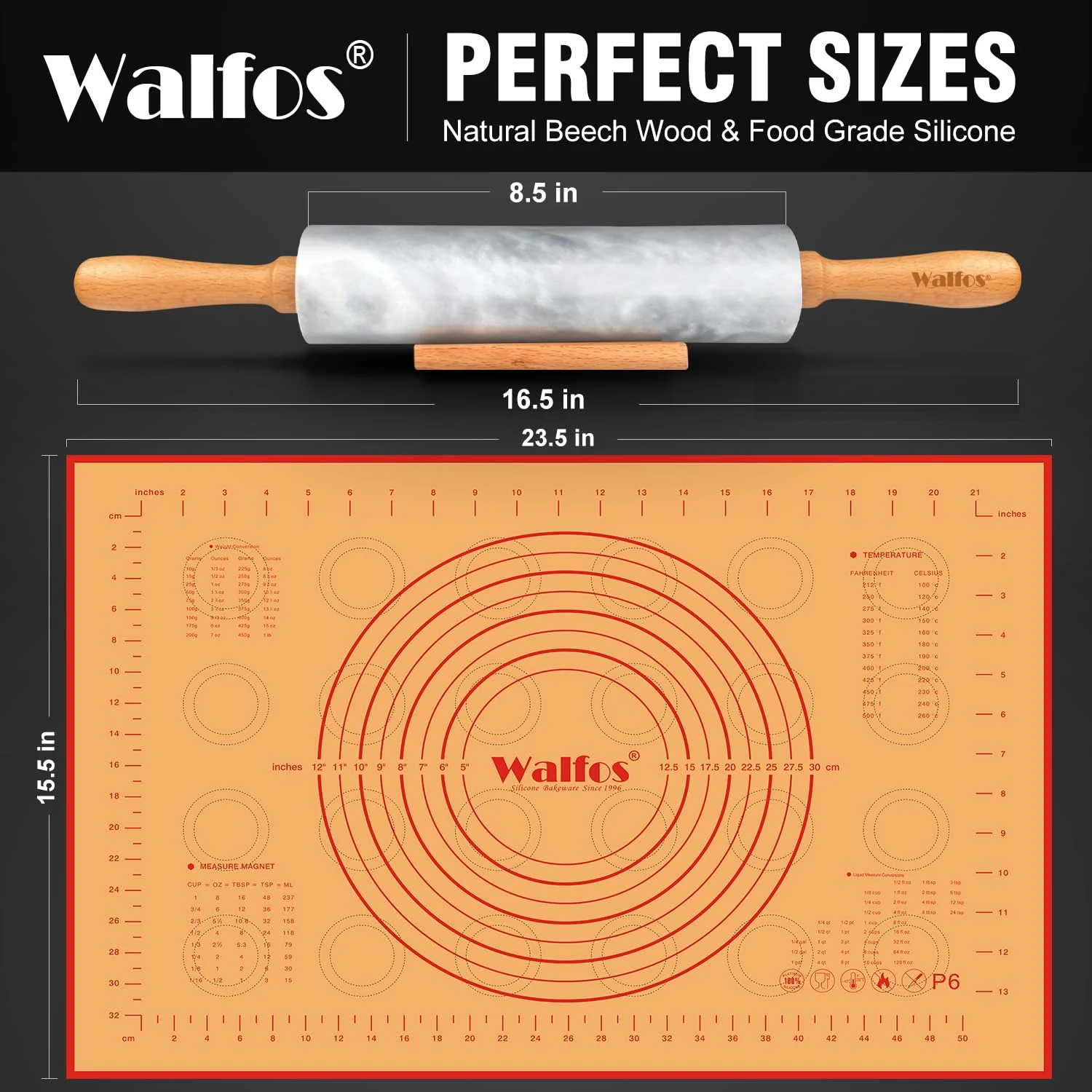 Walfos Marble Rolling Pin Set With Non Stick Silicone Pastry Mat, 16.5 Inch Dough Rolling Pins For Making Pizza, Tortillas And Cookies, Backing Rolling Pin For Pie Crust, Pizza, Pasta (Gray & White) - Image 6