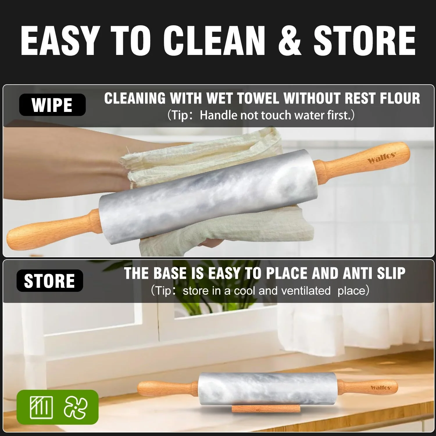 Walfos Marble Rolling Pin With Wooden Handles & Wood Cradle, 16.5 Inch Marble Rolling Pins For Making Pizza Dough And Tortillas, Dough Roller For Pie Crust, Cookie, Pasta (Gray & White) - Image 3
