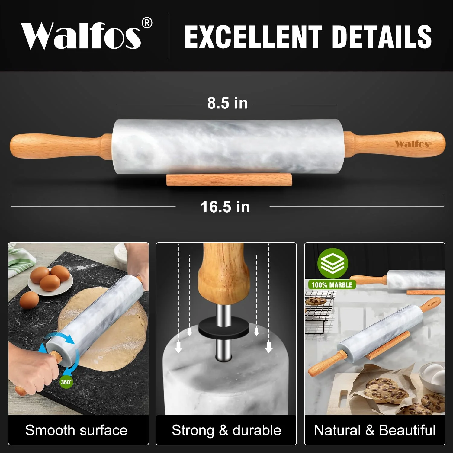 Walfos Marble Rolling Pin With Wooden Handles & Wood Cradle, 16.5 Inch Marble Rolling Pins For Making Pizza Dough And Tortillas, Dough Roller For Pie Crust, Cookie, Pasta (Gray & White) - Image 5