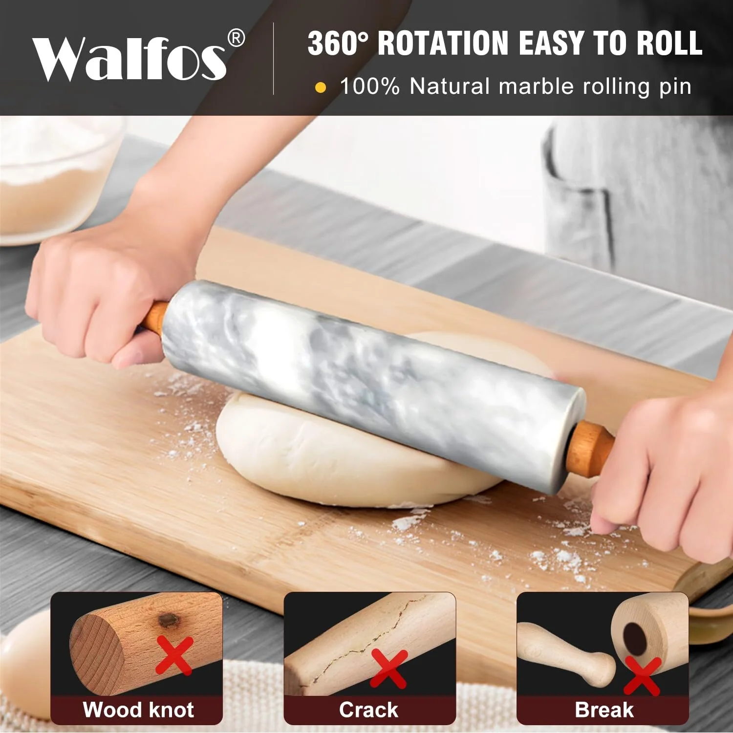 Walfos Marble Rolling Pin With Wooden Handles & Wood Cradle, 16.5 Inch Marble Rolling Pins For Making Pizza Dough And Tortillas, Dough Roller For Pie Crust, Cookie, Pasta (Gray & White) - Image 6