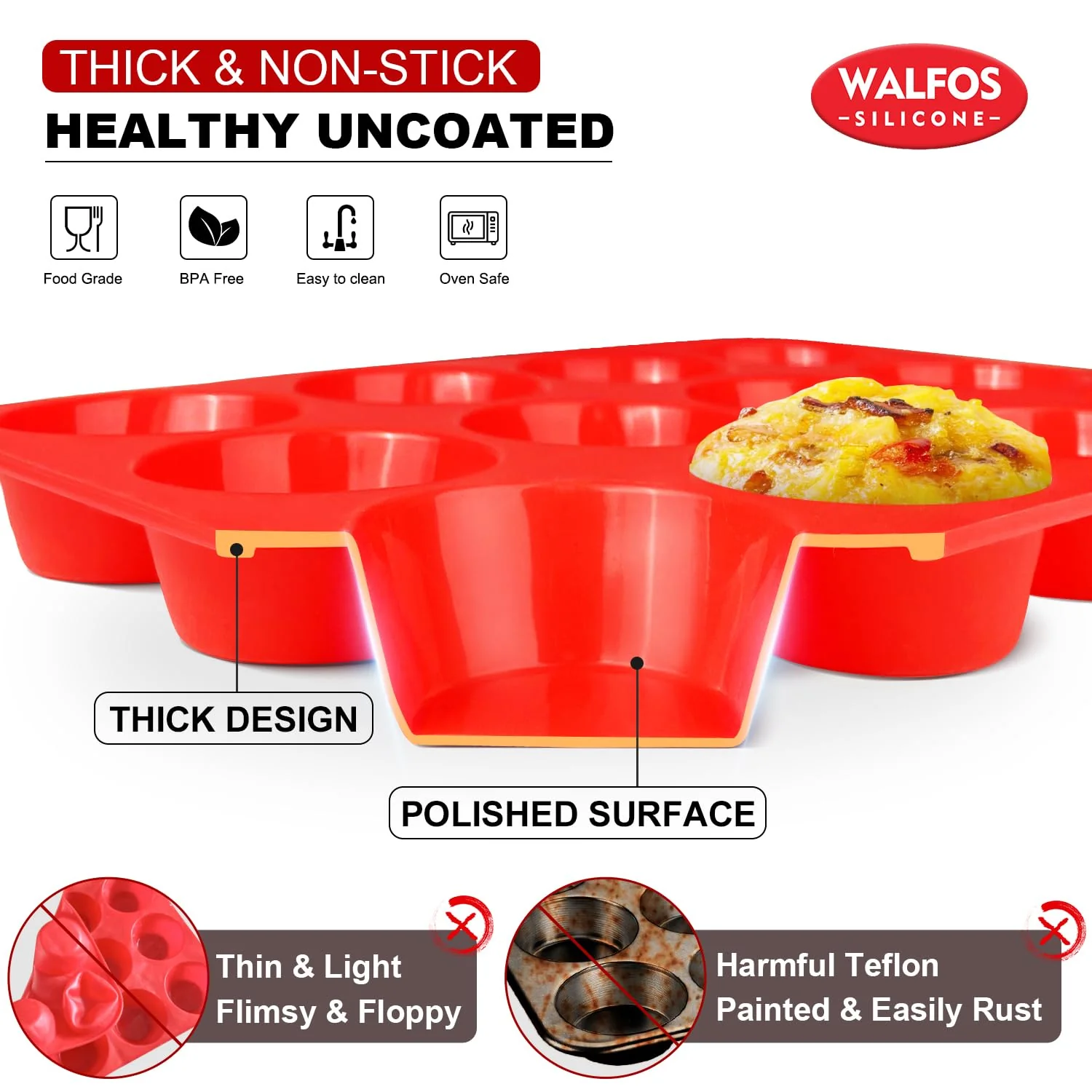 Walfos Muffin Pan Set - 12 Cups Regular Silicone Cupcake Pan, Non-stick and BPA Free, Great for Making Muffin Cakes, Tart, Fat Bombs - Dishwasher Safe, 2-Piece - Image 9