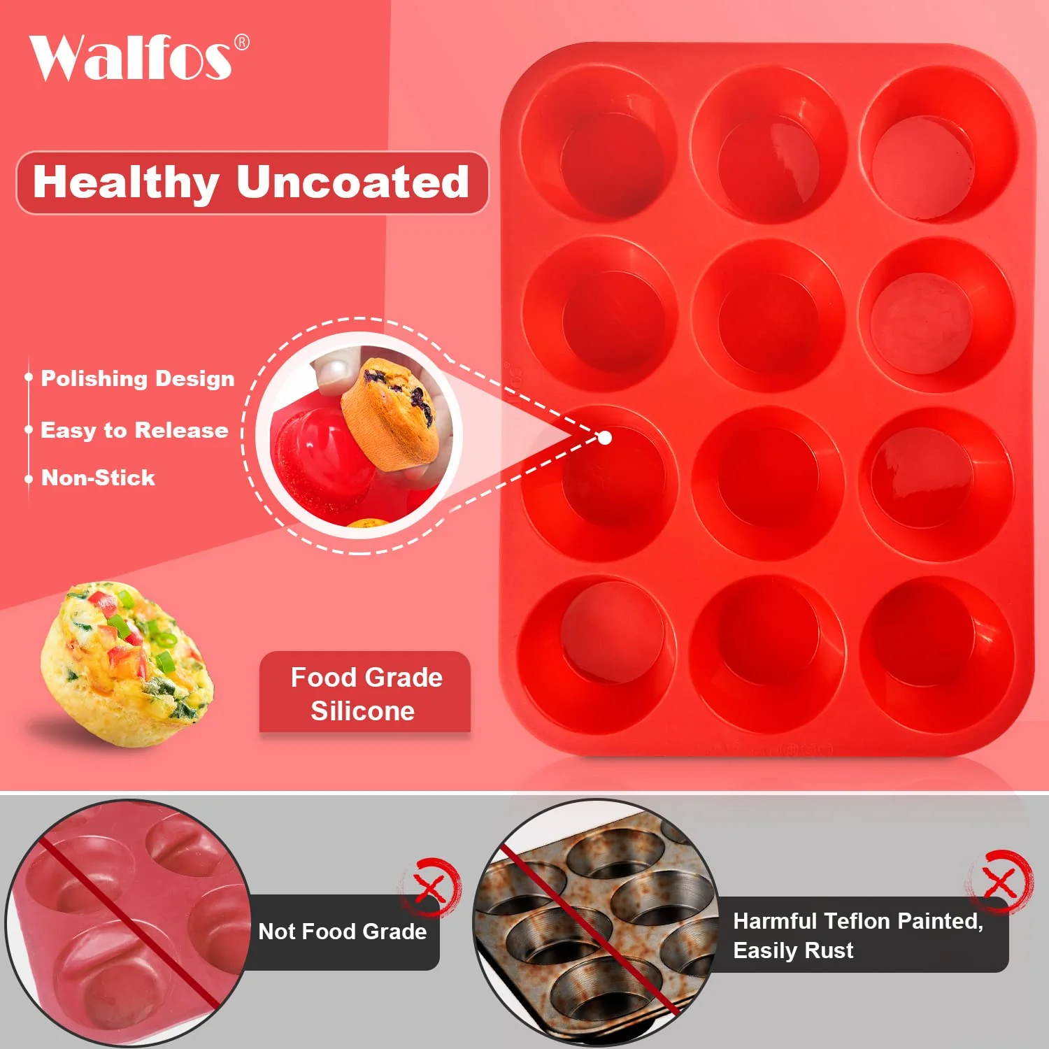 Walfos Silicone Muffin Pan - Cupcake Pans Set of 3, Including 24 Cups Mini Muffin Pans, 12 Cups Regular & 6 Cups Jumbo Muffin Pan, Pop Out Easily - BPA Free & Dishwasher Safe - Image 7