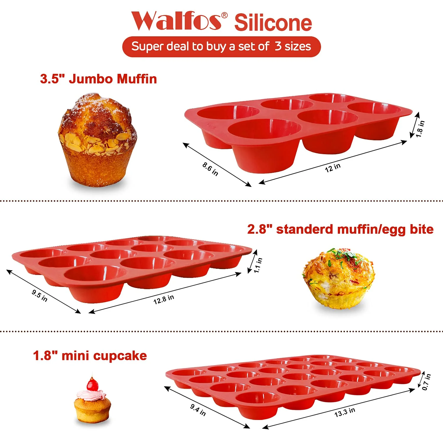 Walfos Silicone Muffin Pan - Cupcake Pans Set of 3, Including 24 Cups Mini Muffin Pans, 12 Cups Regular & 6 Cups Jumbo Muffin Pan, Pop Out Easily - BPA Free & Dishwasher Safe - Image 8
