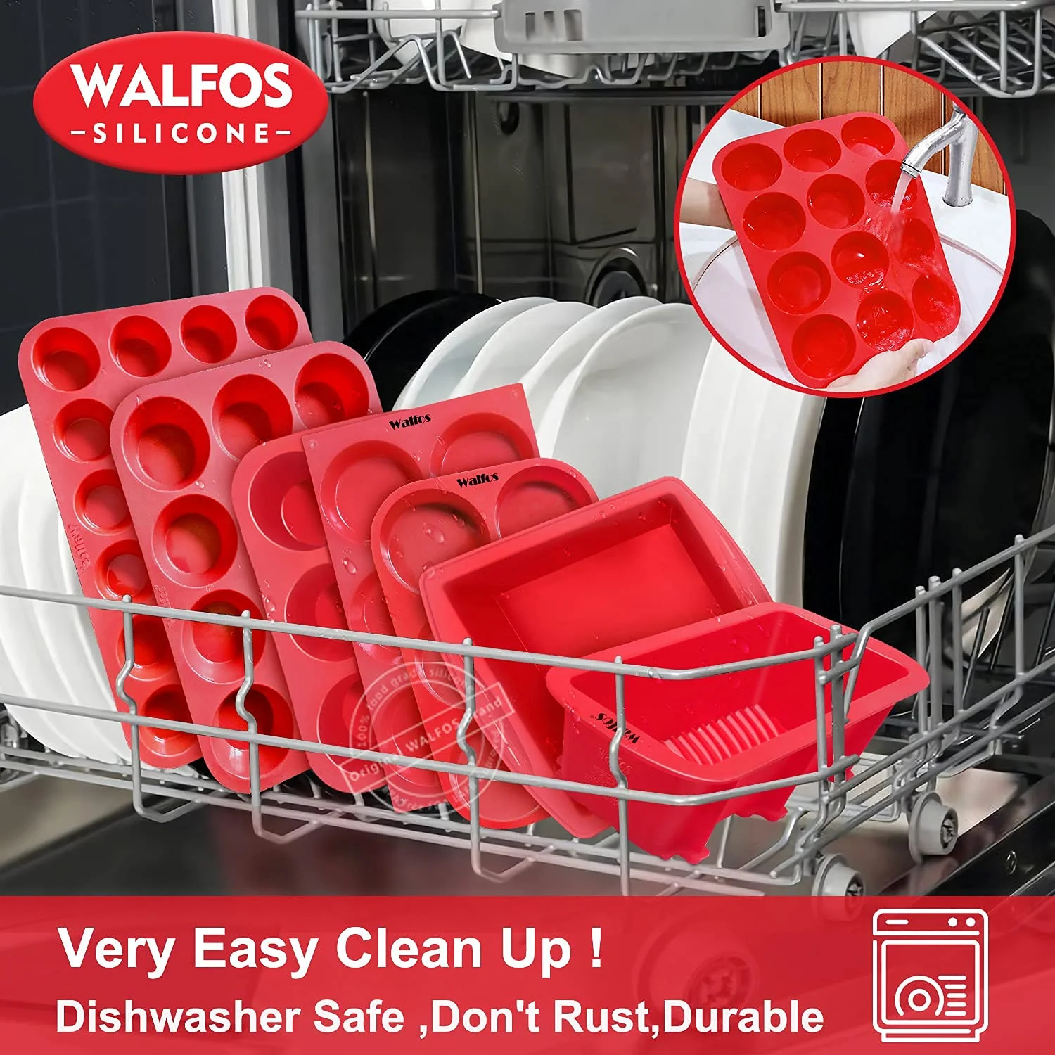 Walfos Silicone Muffin Pan Set - Regular 12 Cups Silicone Muffin Pan and Mini 24 Cups Cupcake Pan - BPA Free and Dishwasher Safe, Great for Making Muffin Cakes, Tart, Bread - Image 4