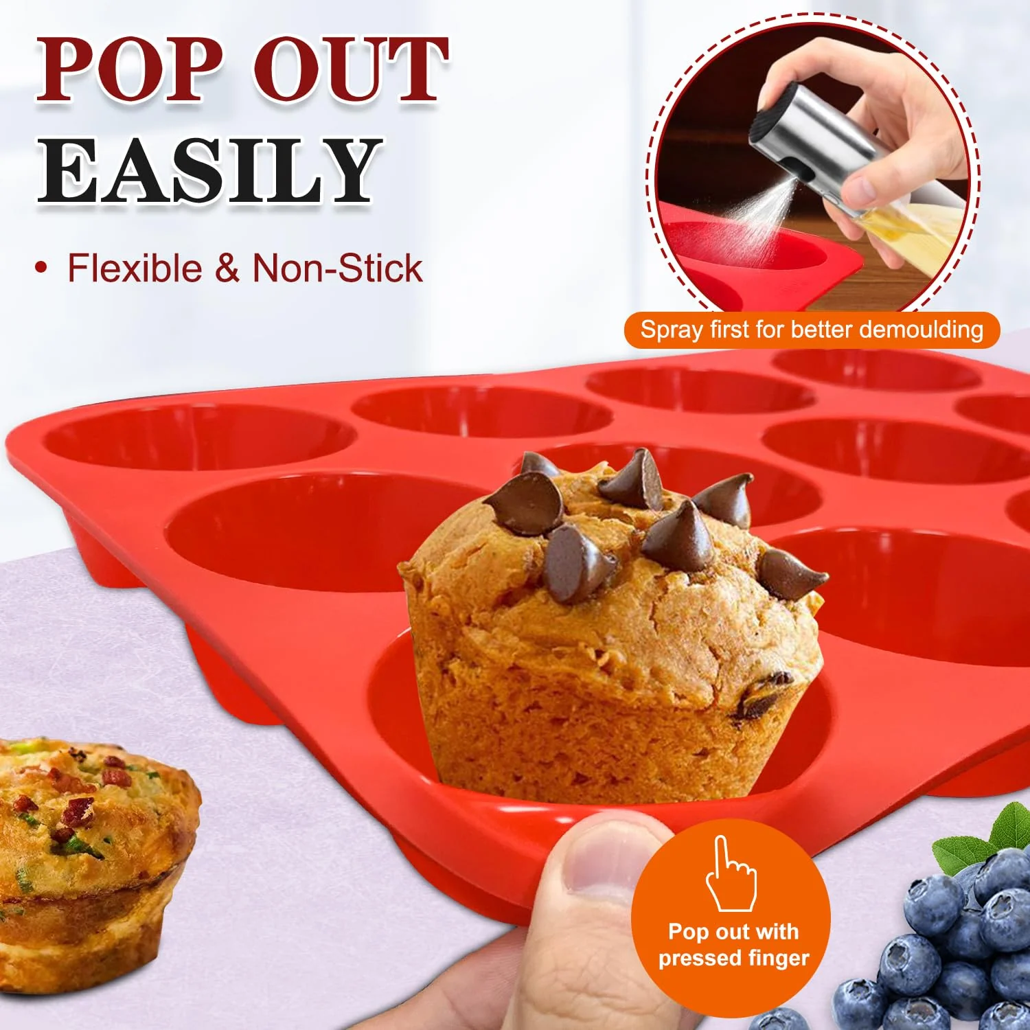 Walfos Silicone Muffin Pan Set - Regular 12 Cups Silicone Muffin Pan and Mini 24 Cups Cupcake Pan - BPA Free and Dishwasher Safe, Great for Making Muffin Cakes, Tart, Bread - Image 8