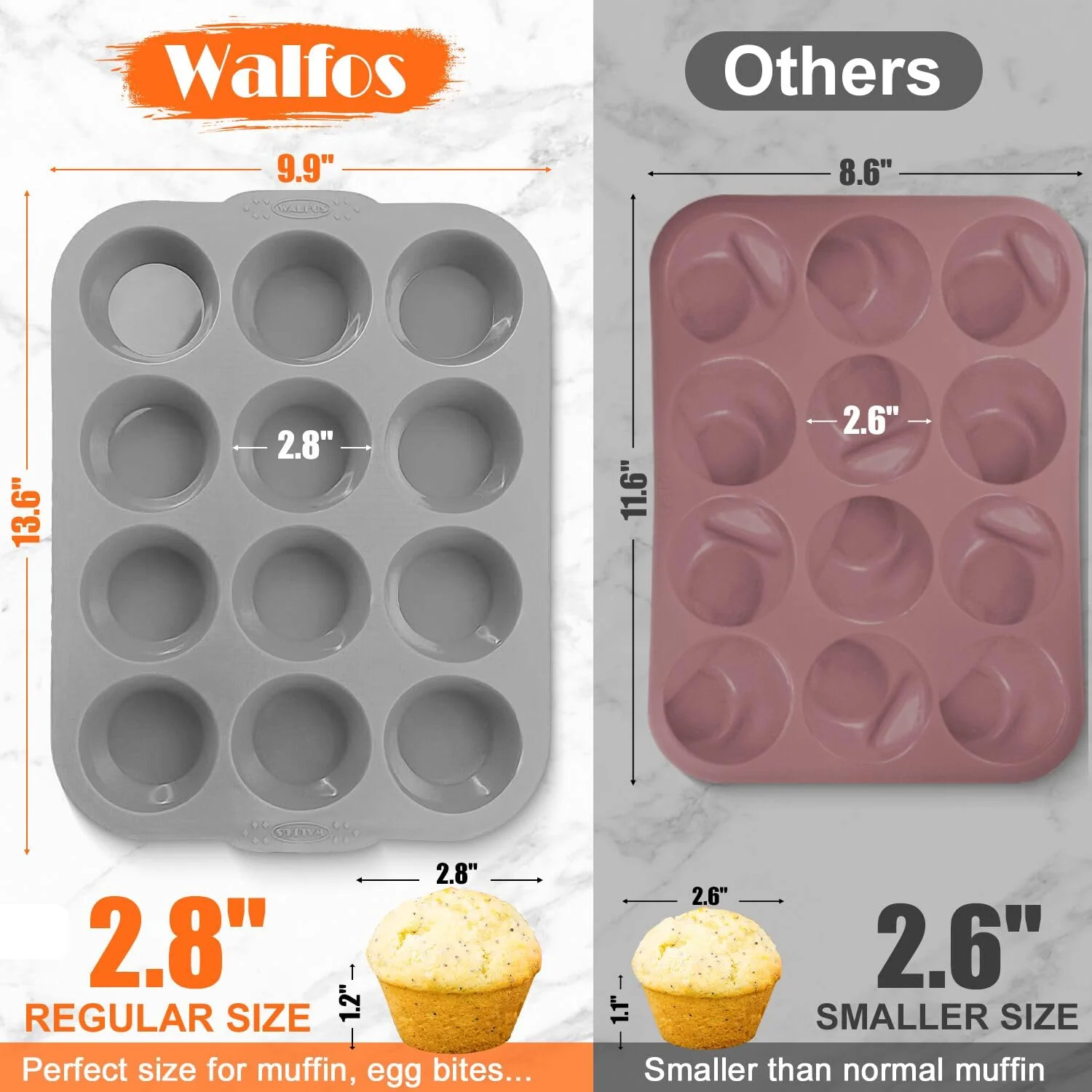 Walfos Silicone Muffin Pan with Metal Frame, 2.8 Inch Regular Size Silicone Cupcake Pan Muffin Tin, Non-Stick 12 Cups Egg Bites Molds for Baking 2 Pack, BPA Free, Dishwasher Safe - Image 3