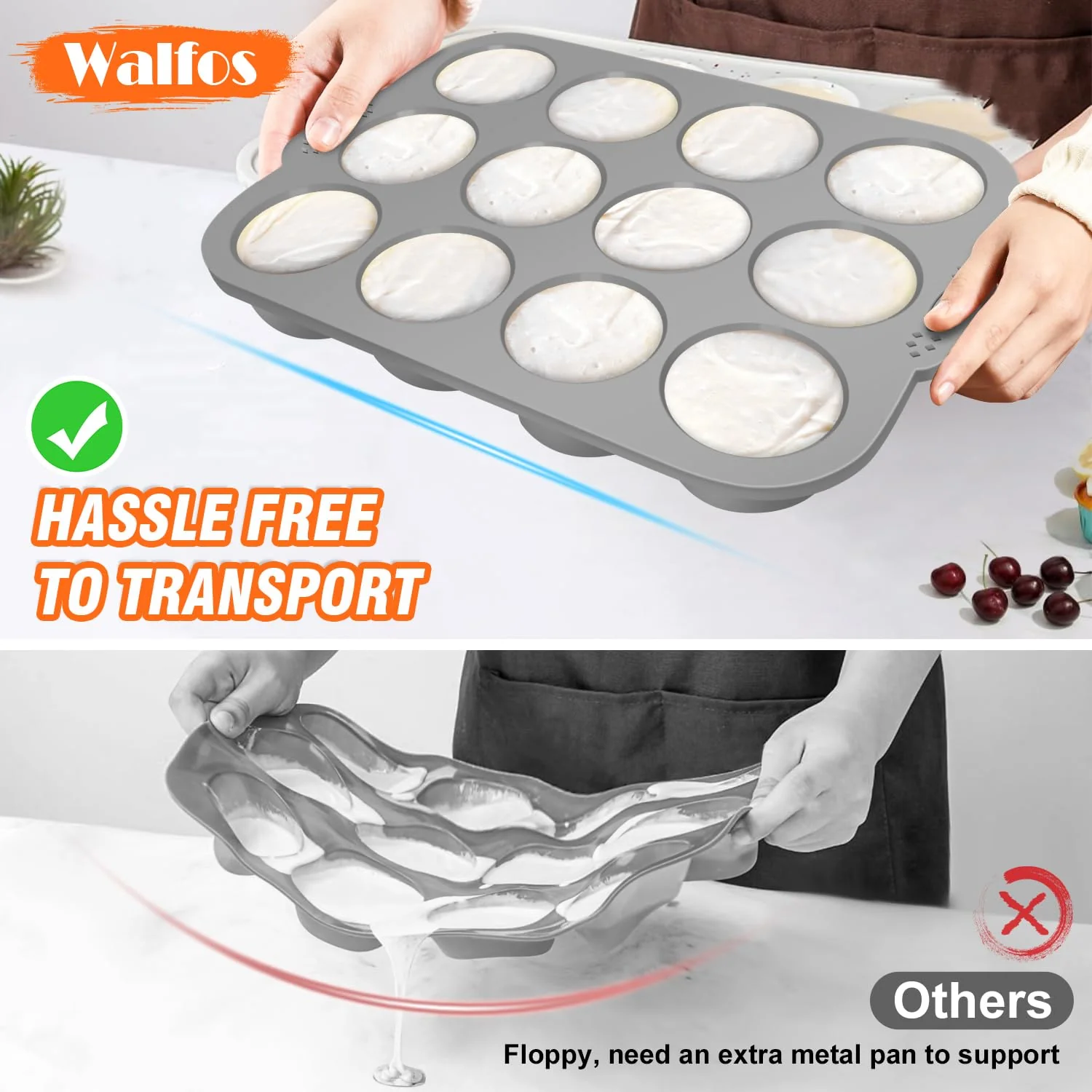 Walfos Silicone Muffin Pan with Metal Frame, 2.8 Inch Regular Size Silicone Cupcake Pan Muffin Tin, Non-Stick 12 Cups Egg Bites Molds for Baking 2 Pack, BPA Free, Dishwasher Safe - Image 5