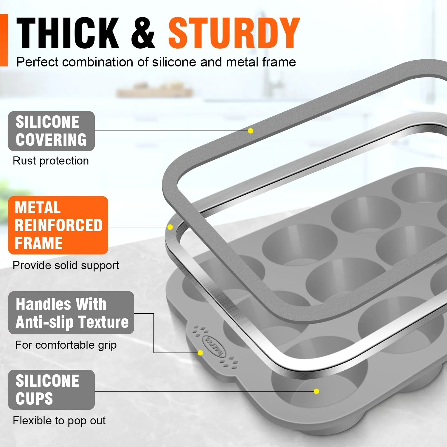 Walfos Silicone Muffin Pan with Metal Frame, 2.8 Inch Regular Size Silicone Cupcake Pan Muffin Tin, Non-Stick 12 Cups Egg Bites Molds for Baking 2 Pack, BPA Free, Dishwasher Safe - Image 7