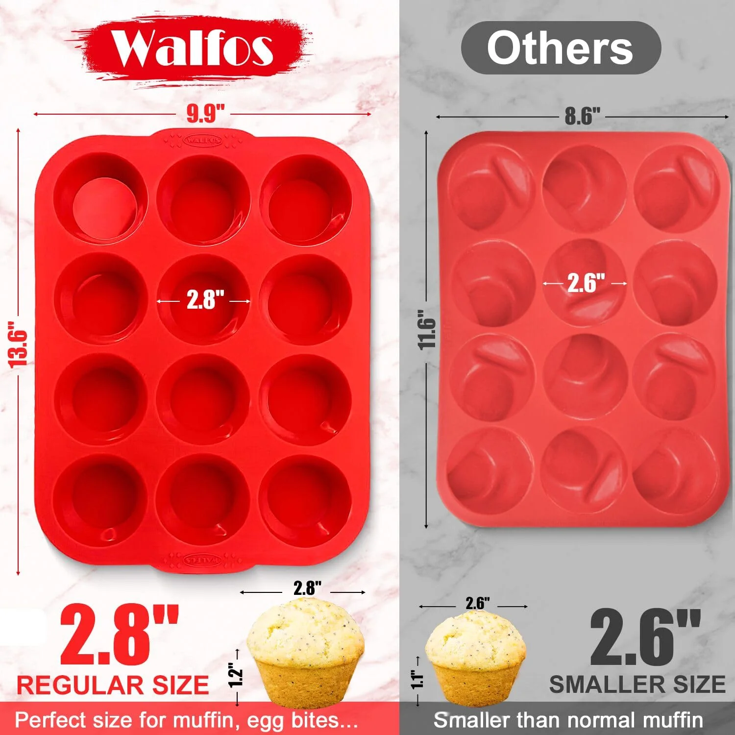 Walfos Silicone Muffin Pan with Metal Frame, 2.8 Inch Regular Size Silicone Cupcake Pan Muffin Tin, Non-Stick 12 Cups Egg Bites Molds for Baking, BPA Free, Dishwasher Safe, 2 Pack - Image 3