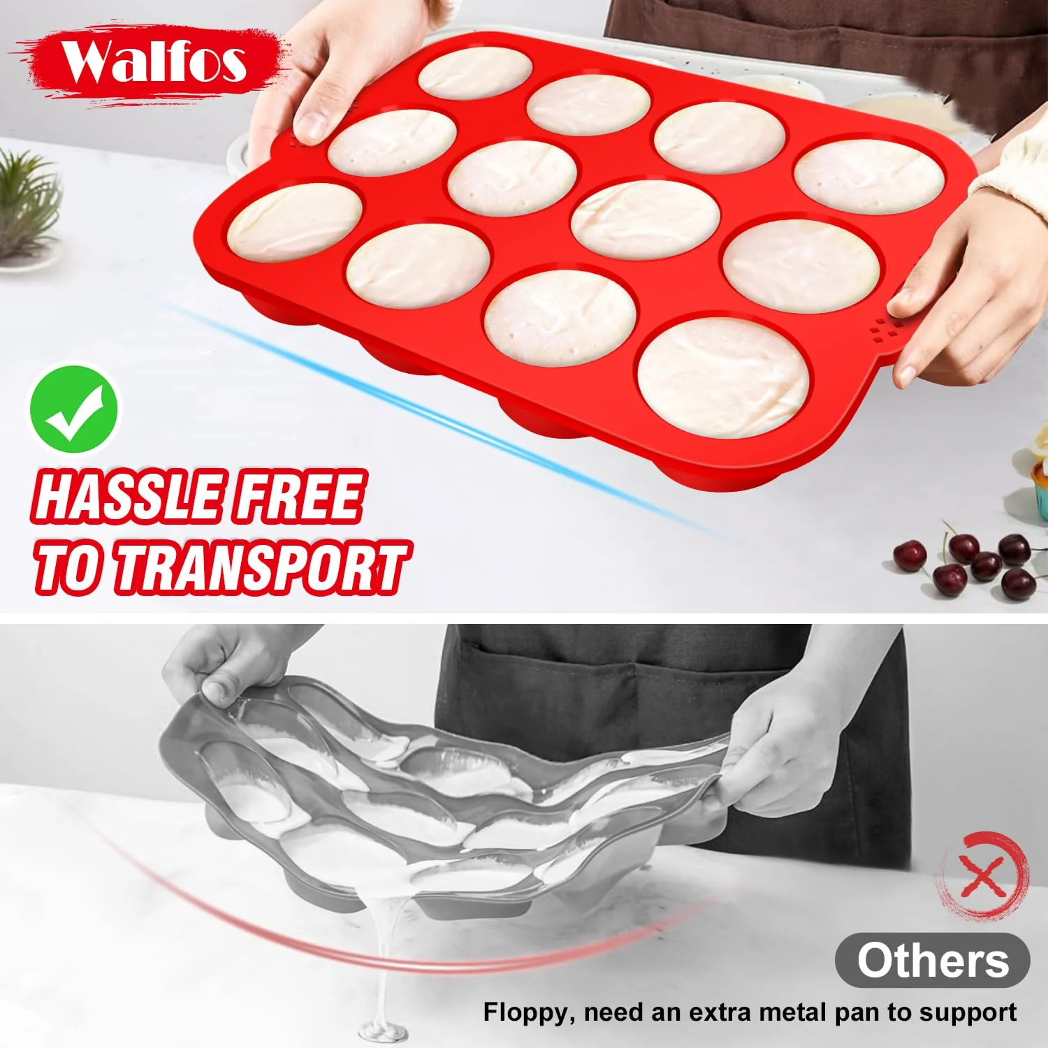 Walfos Silicone Muffin Pan with Metal Frame, 2.8 Inch Regular Size Silicone Cupcake Pan Muffin Tin, Non-Stick 12 Cups Egg Bites Molds for Baking, BPA Free, Dishwasher Safe, 2 Pack - Image 5