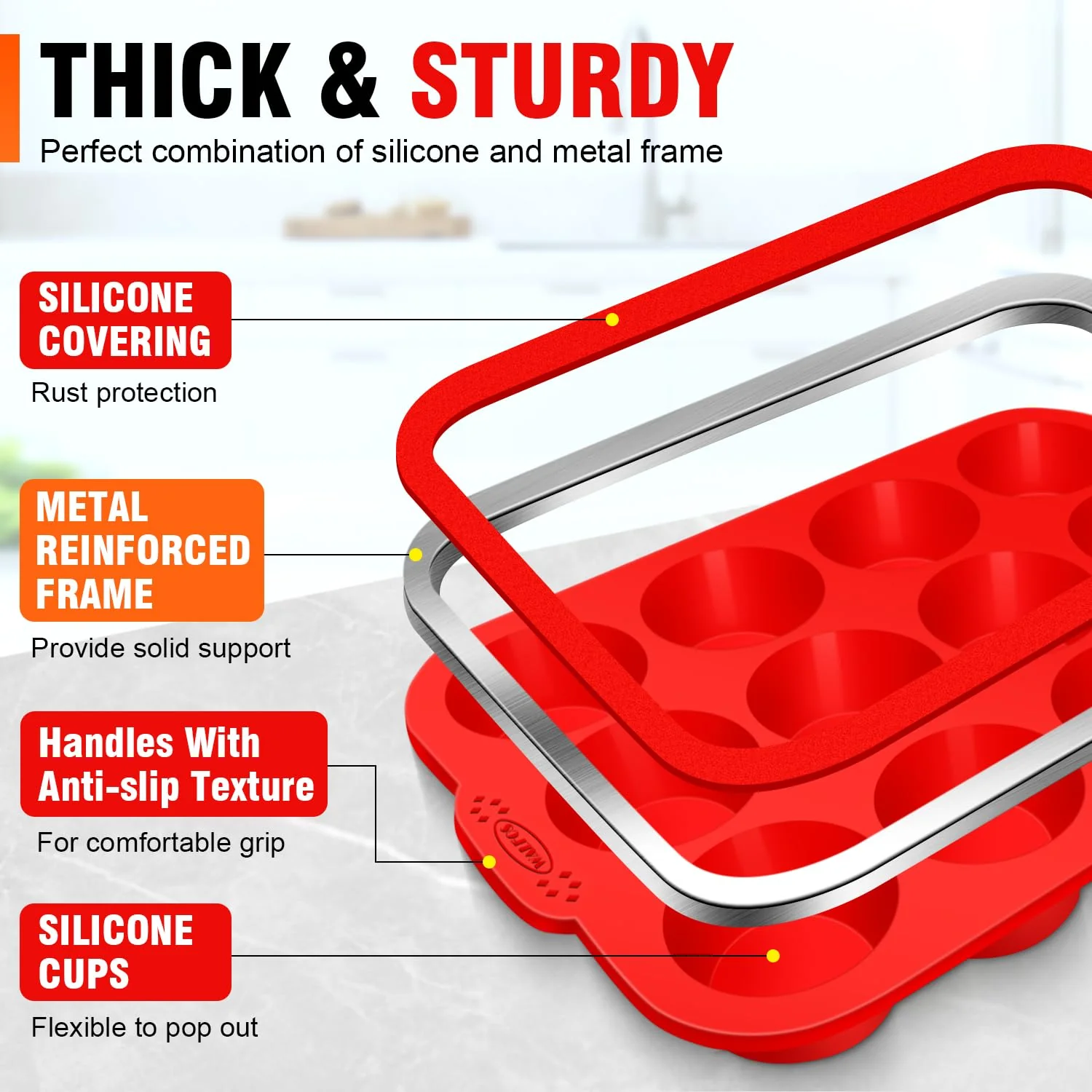 Walfos Silicone Muffin Pan with Metal Frame, 2.8 Inch Regular Size Silicone Cupcake Pan Muffin Tin, Non-Stick 12 Cups Egg Bites Molds for Baking, BPA Free, Dishwasher Safe, 2 Pack - Image 7