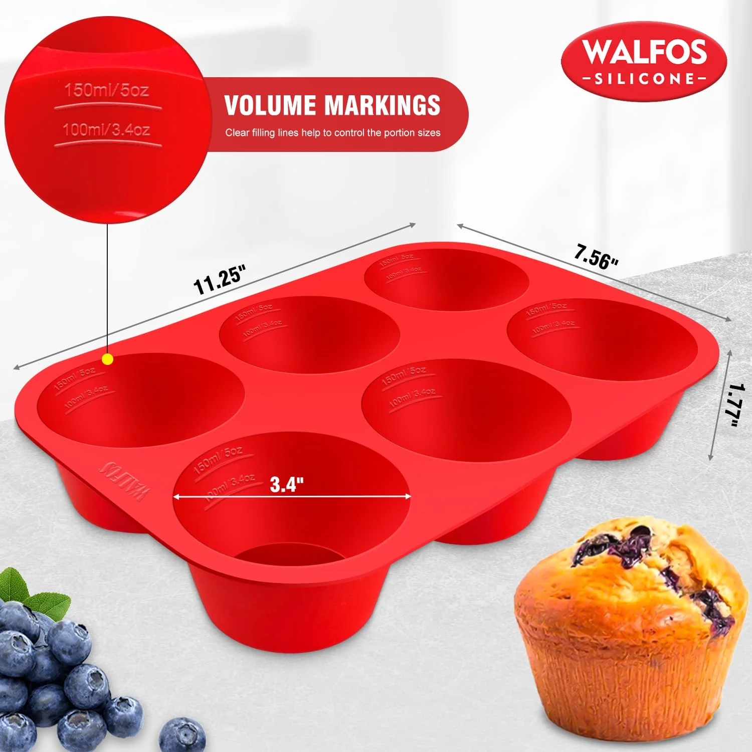 Walfos Silicone Texas Muffin Pan Set- 6 Cup Jumbo Silicone Cupcake Pan, Non-Stick, Just PoP Out! Perfect for Egg Muffin, Big Cupcake - BPA Free and Dishwasher Safe, Set of 2 - Image 4