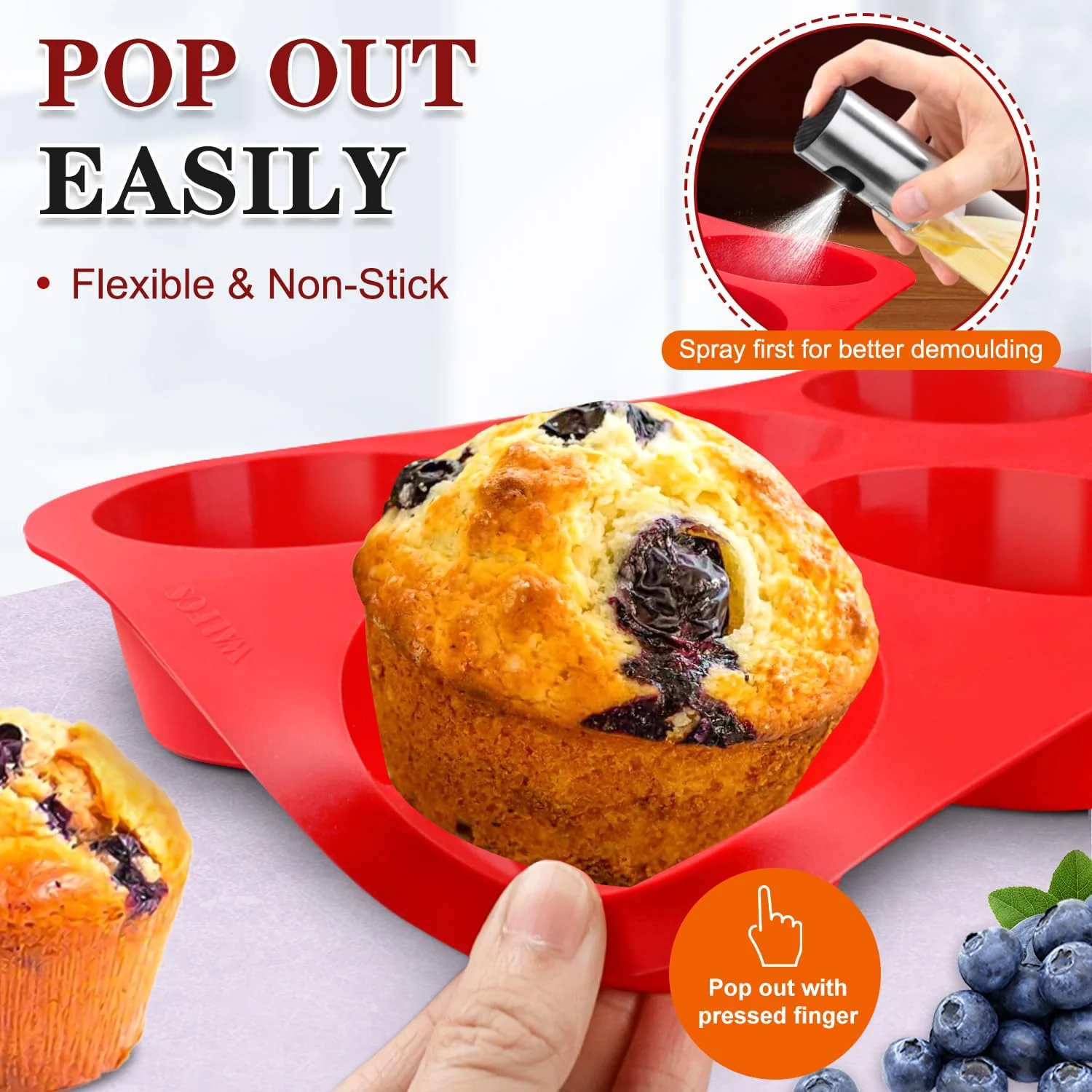 Walfos Silicone Texas Muffin Pan Set- 6 Cup Jumbo Silicone Cupcake Pan, Non-Stick, Just PoP Out! Perfect for Egg Muffin, Big Cupcake - BPA Free and Dishwasher Safe, Set of 2 - Image 7