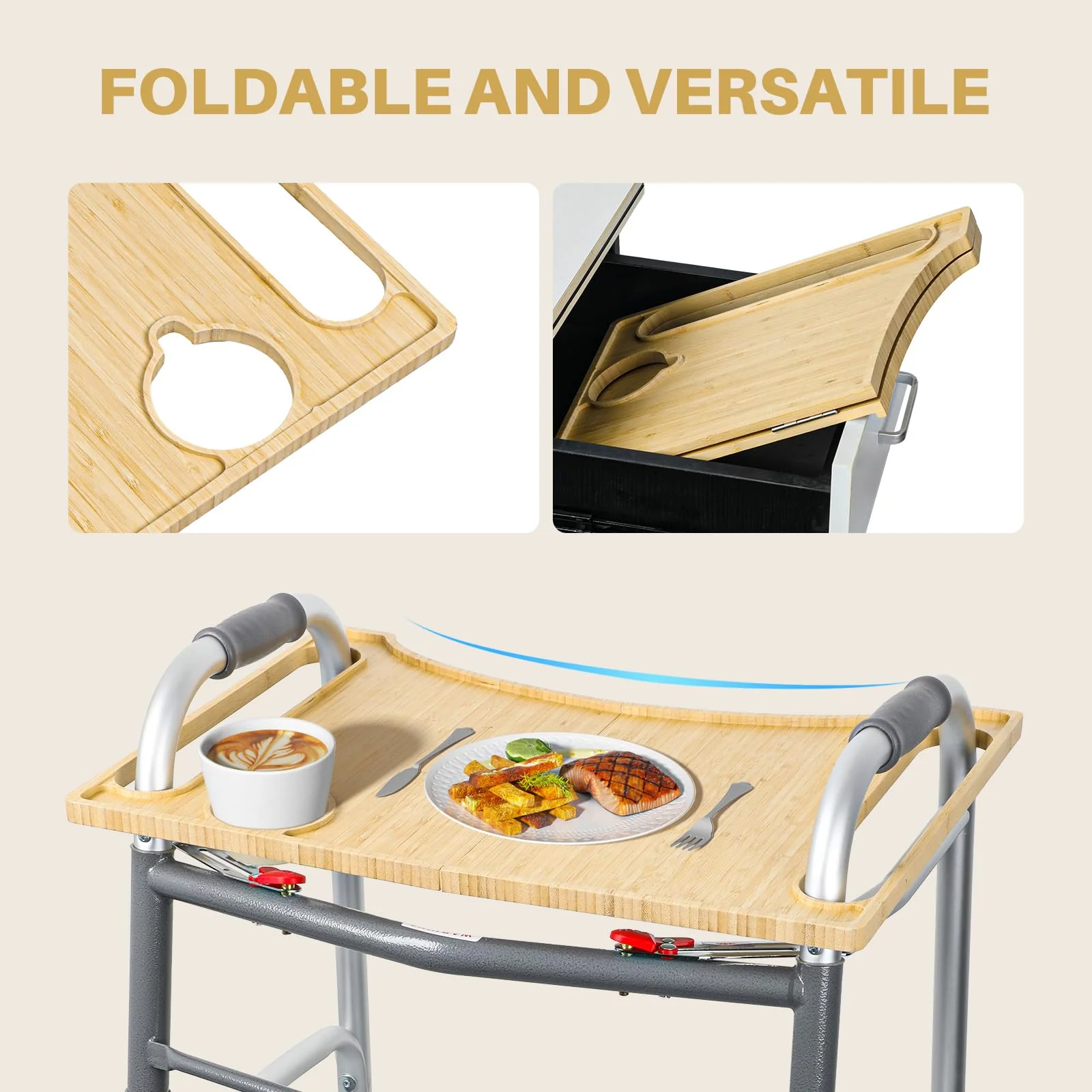 Walker Tray Table with Cup Holder Mobility Table Tray for Folding Walkers Foldable, Portable Multipurpose Bamboo Tray for Eating, Crafts, Laptops Medical Equipment Accessories - Image 6