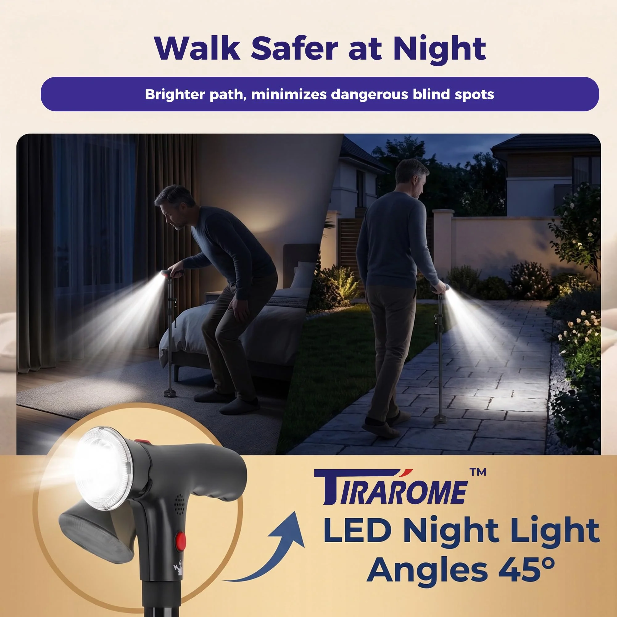 Walking Cane for Men & Women, 3-in-1 Folding Cane with Alarm and Light, Adjustable, Collapsible Walking Stick for Seniors and Adults Balance with a Second Handle - Image 3