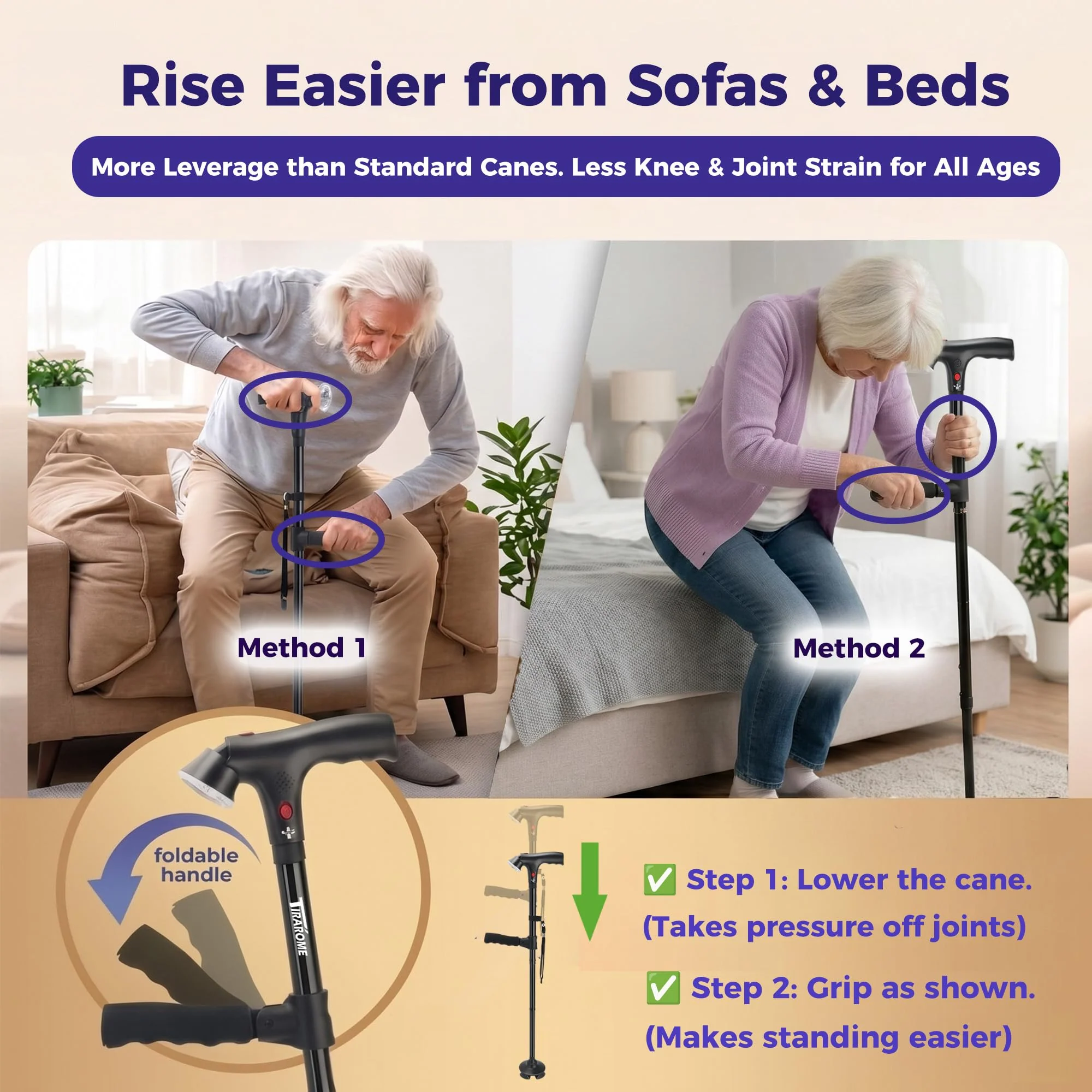 Walking Cane for Men & Women, 3-in-1 Folding Cane with Alarm and Light, Adjustable, Collapsible Walking Stick for Seniors and Adults Balance with a Second Handle - Image 4