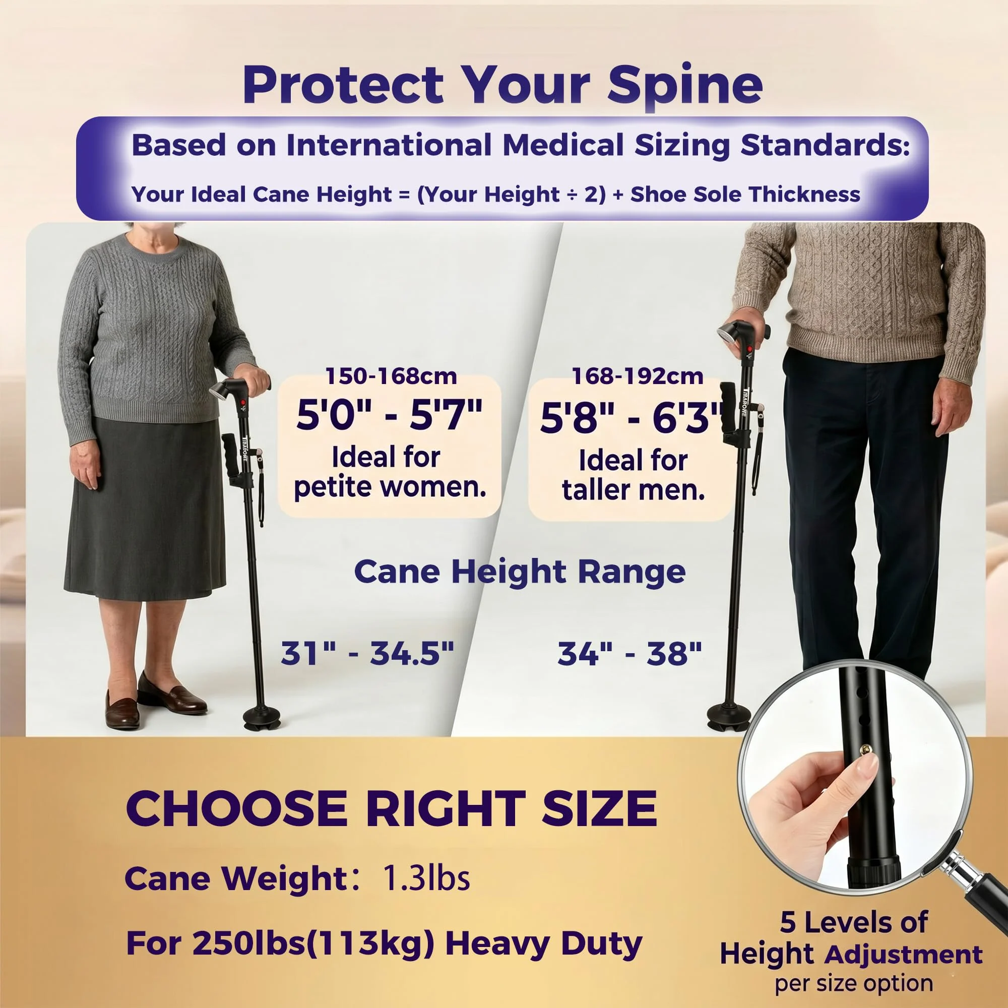 Walking Cane for Men & Women, 3-in-1 Folding Cane with Alarm and Light, Adjustable, Collapsible Walking Stick for Seniors and Adults Balance with a Second Handle - Image 5