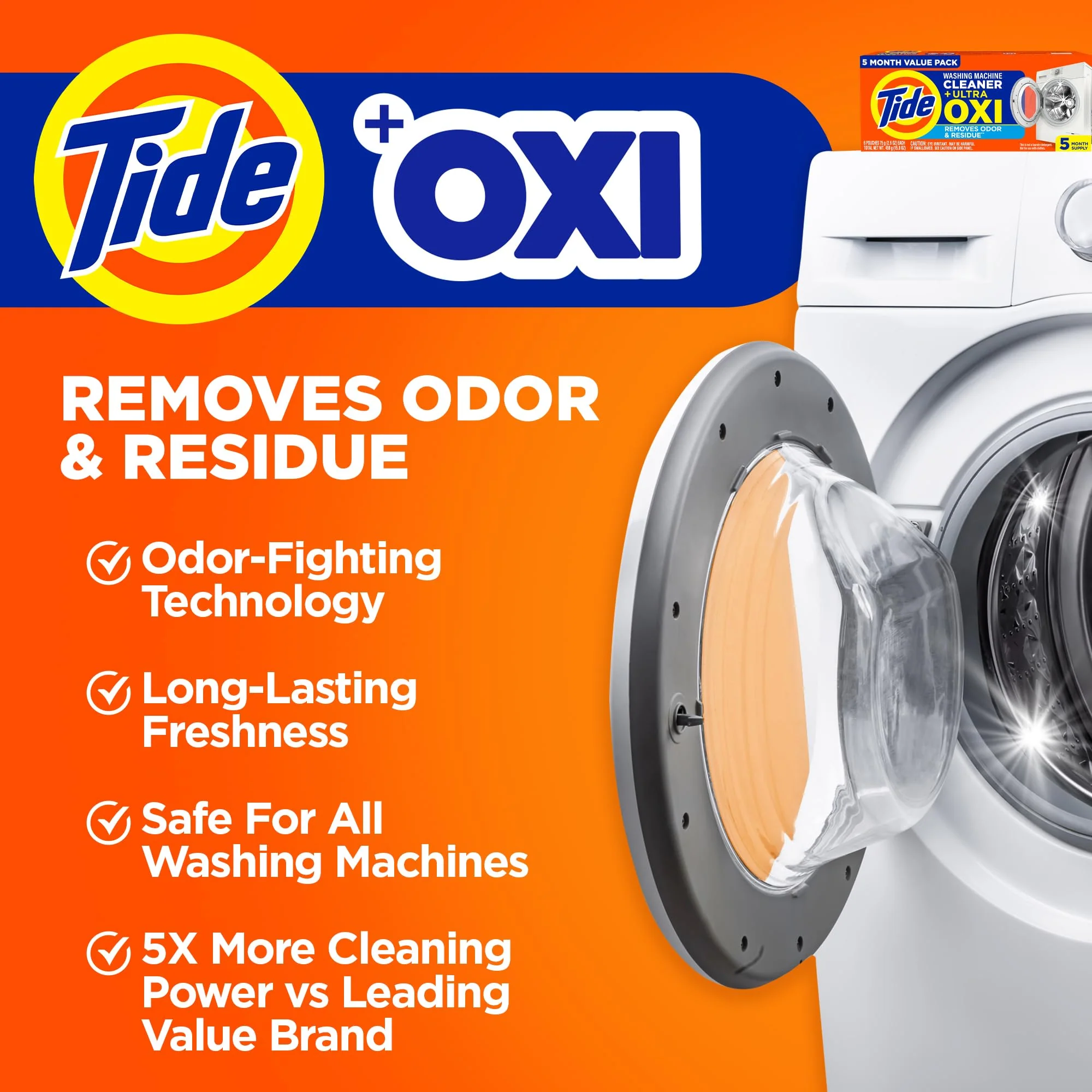 Washing Machine Cleaner by Tide, Washer Machine Cleaner with Oxi for Front and Top Loader Washer Machines, Deep Cleaning Residue & Odor Eliminator, 5 Month Supply (Packaging May Vary) - Image 3