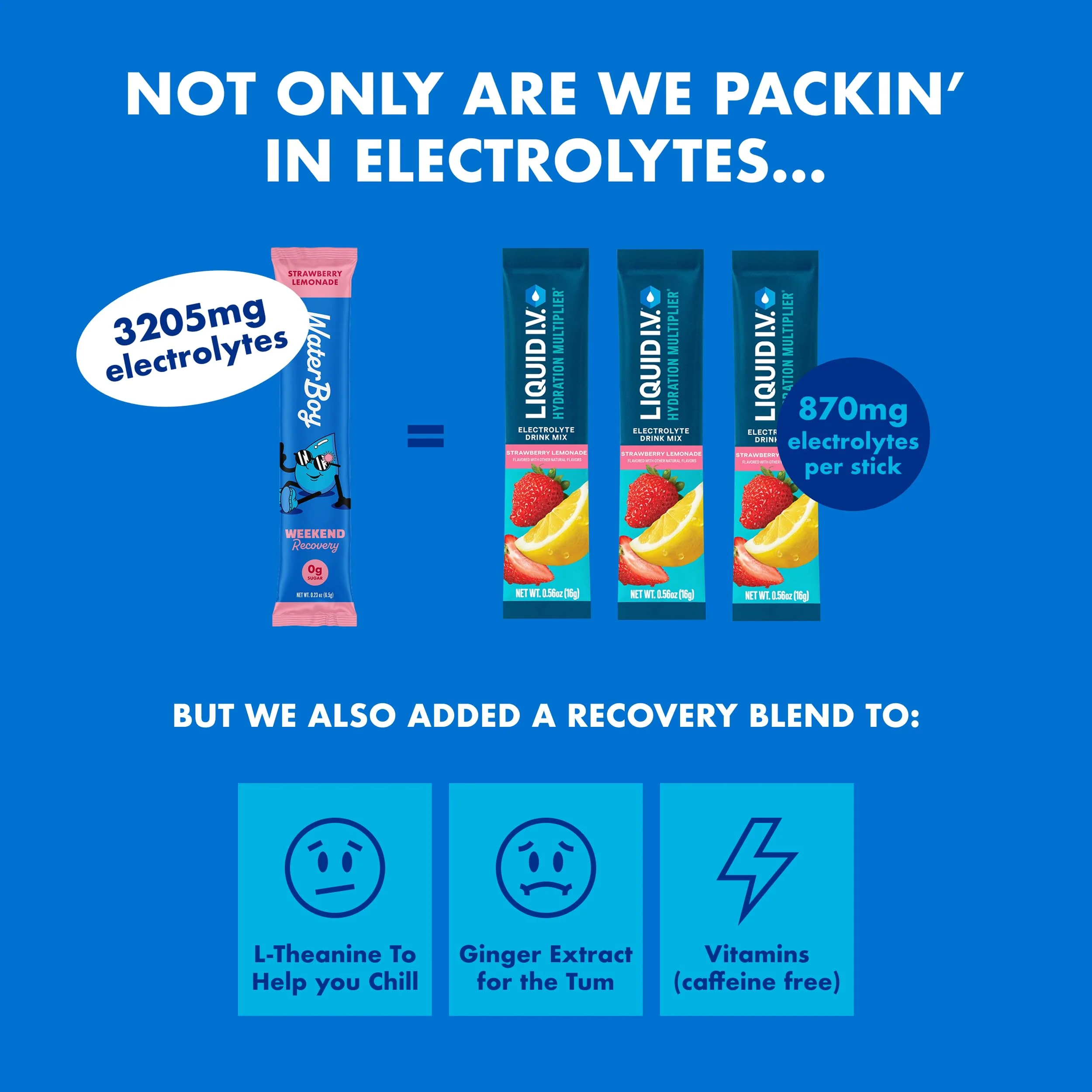 Waterboy Weekend Recovery x FOW | 3,200mg Electrolyte Powder Packets | Ginger + L-Theanine + Vitamins | No Sugar, All Natural, Gluten Free | 24 Drink Stick Mixes (Fruit Punch) - Image 3