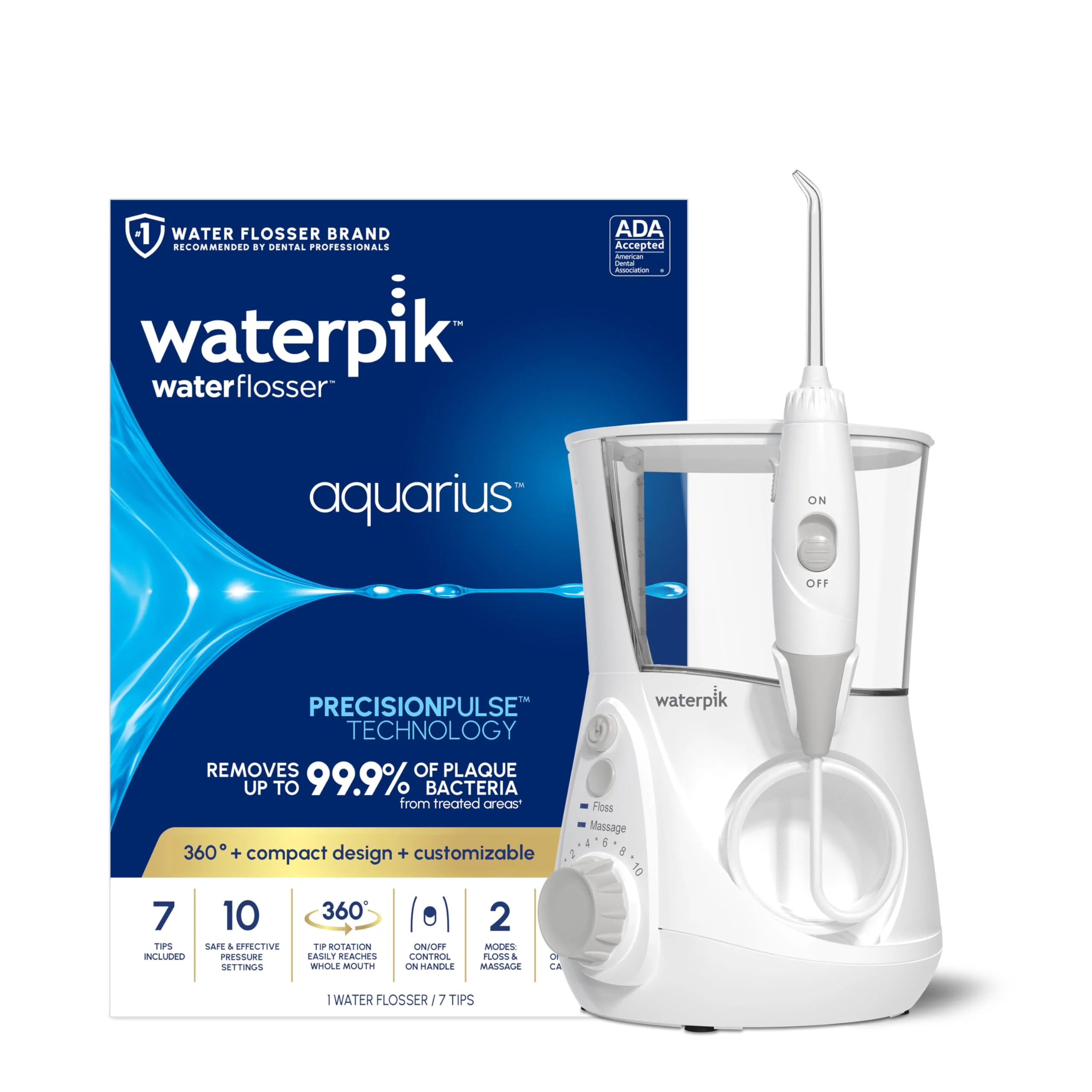 Waterpik Aquarius Water Flosser For Teeth Cleaning, Gums, Braces, Dental Care, Electric Power With 10 Settings, 7 Tips For Multiple Users And Needs, ADA Accepted, White WP-660, Packaging May Vary - Image 2