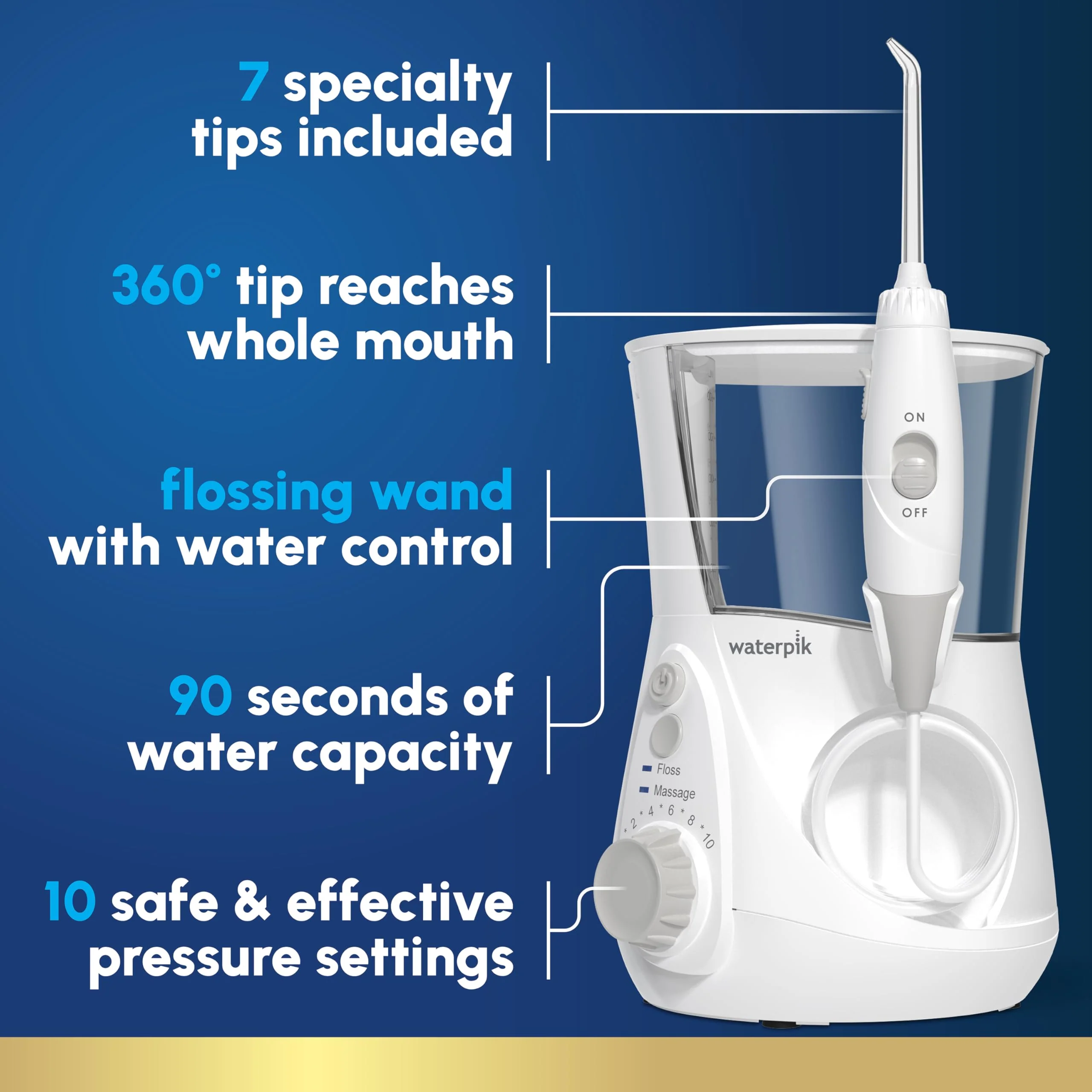 Waterpik Aquarius Water Flosser For Teeth Cleaning, Gums, Braces, Dental Care, Electric Power With 10 Settings, 7 Tips For Multiple Users And Needs, ADA Accepted, White WP-660, Packaging May Vary - Image 3