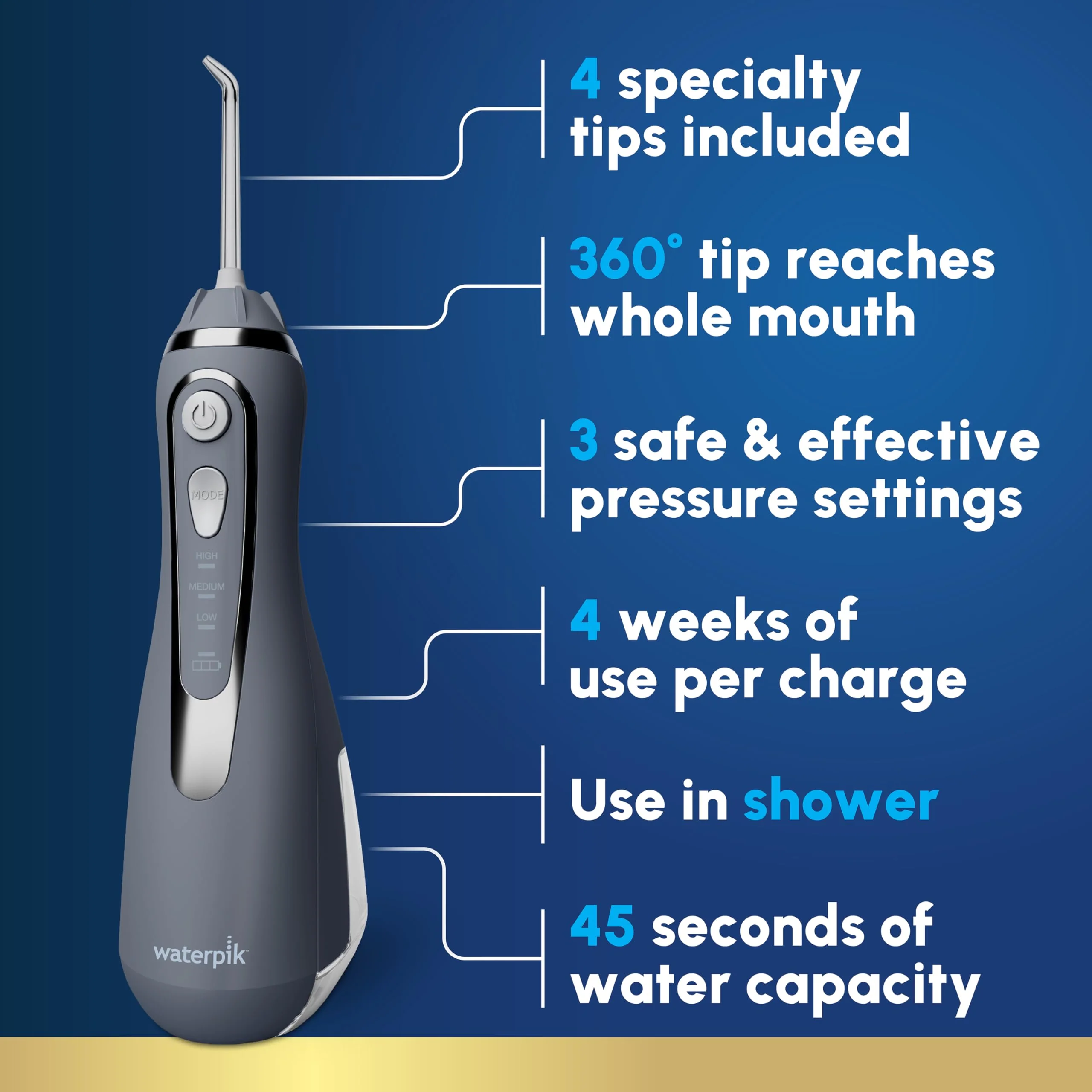 Waterpik Cordless Advanced 2.0 Water Flosser For Teeth, Gums, Braces, Dental Care With Travel Bag and 4 Tips, ADA Accepted, Rechargeable, Portable, and Waterproof, Gray WP-587, Packaging May Vary - Image 2