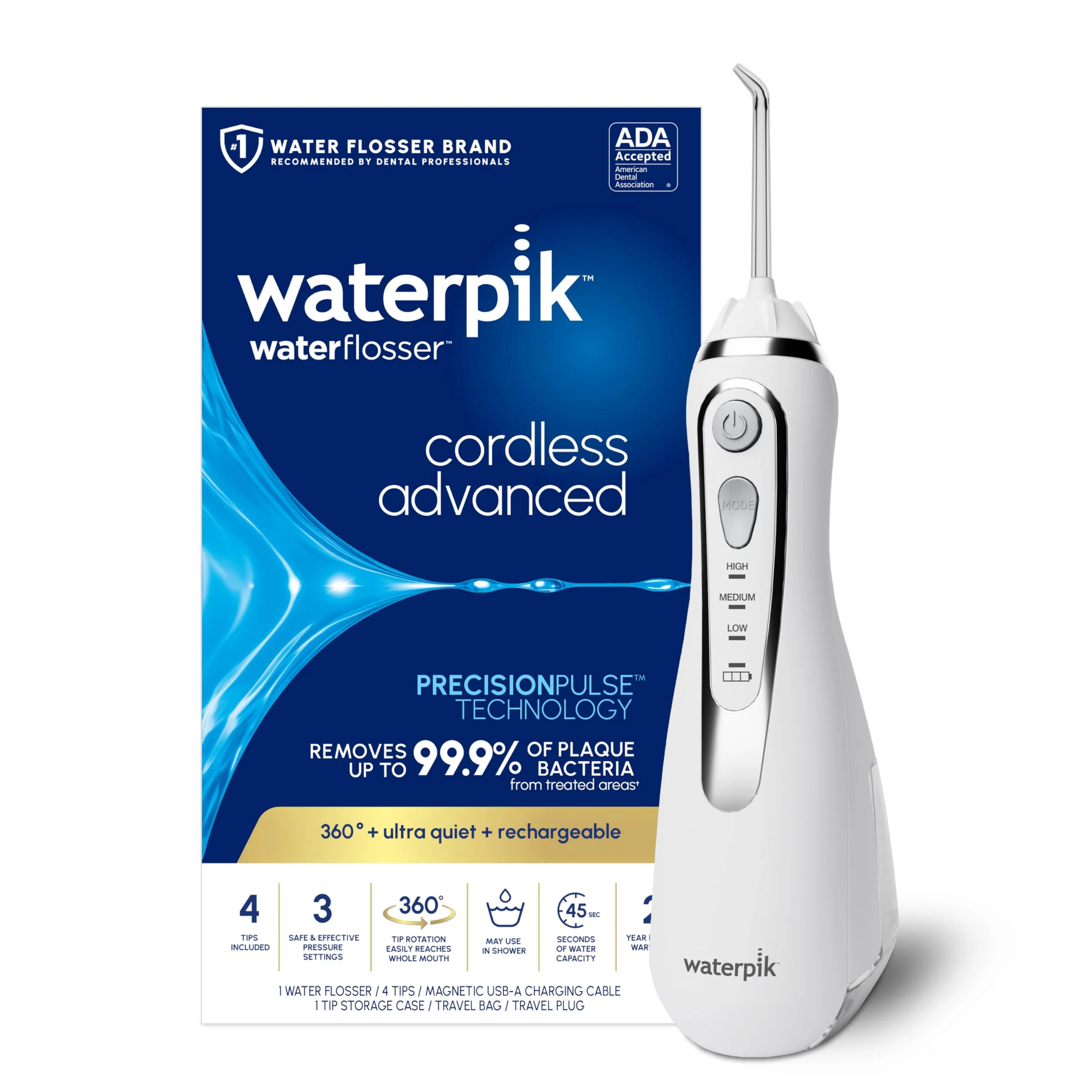 Waterpik Cordless Advanced 2.0 Water Flosser For Teeth, Gums, Braces, Dental Care With Travel Bag and 4 Tips, ADA Accepted, Rechargeable, Portable, and Waterproof, White WP-580, Packaging May Vary - Image 2